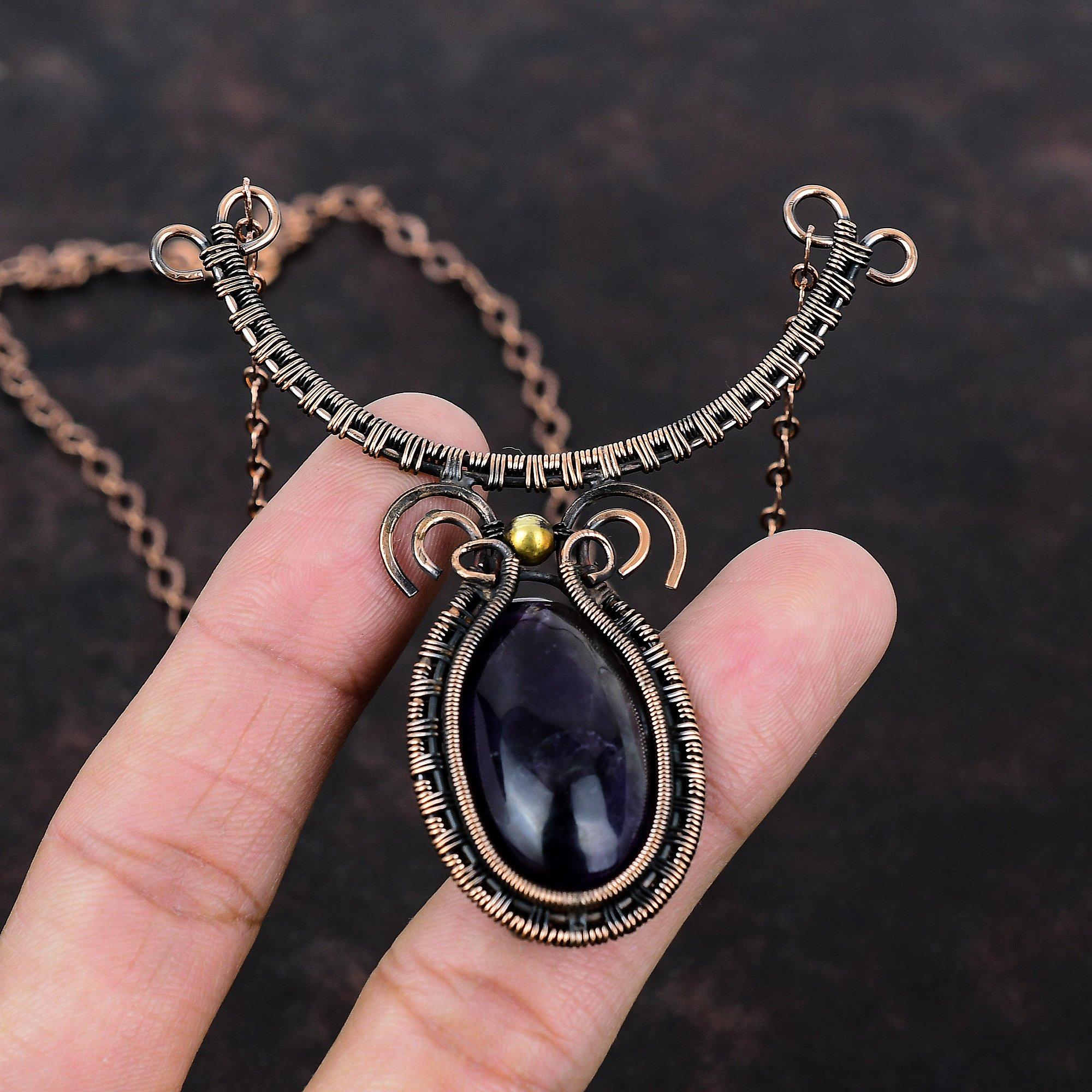 Ожерелье с шевроном и аметистом, обернутое медной проволокой, регулируемое ожерелье, ювелирные изделия из драгоценных камней, новое ожерелье ручной работы, ожерелье из медной проволоки