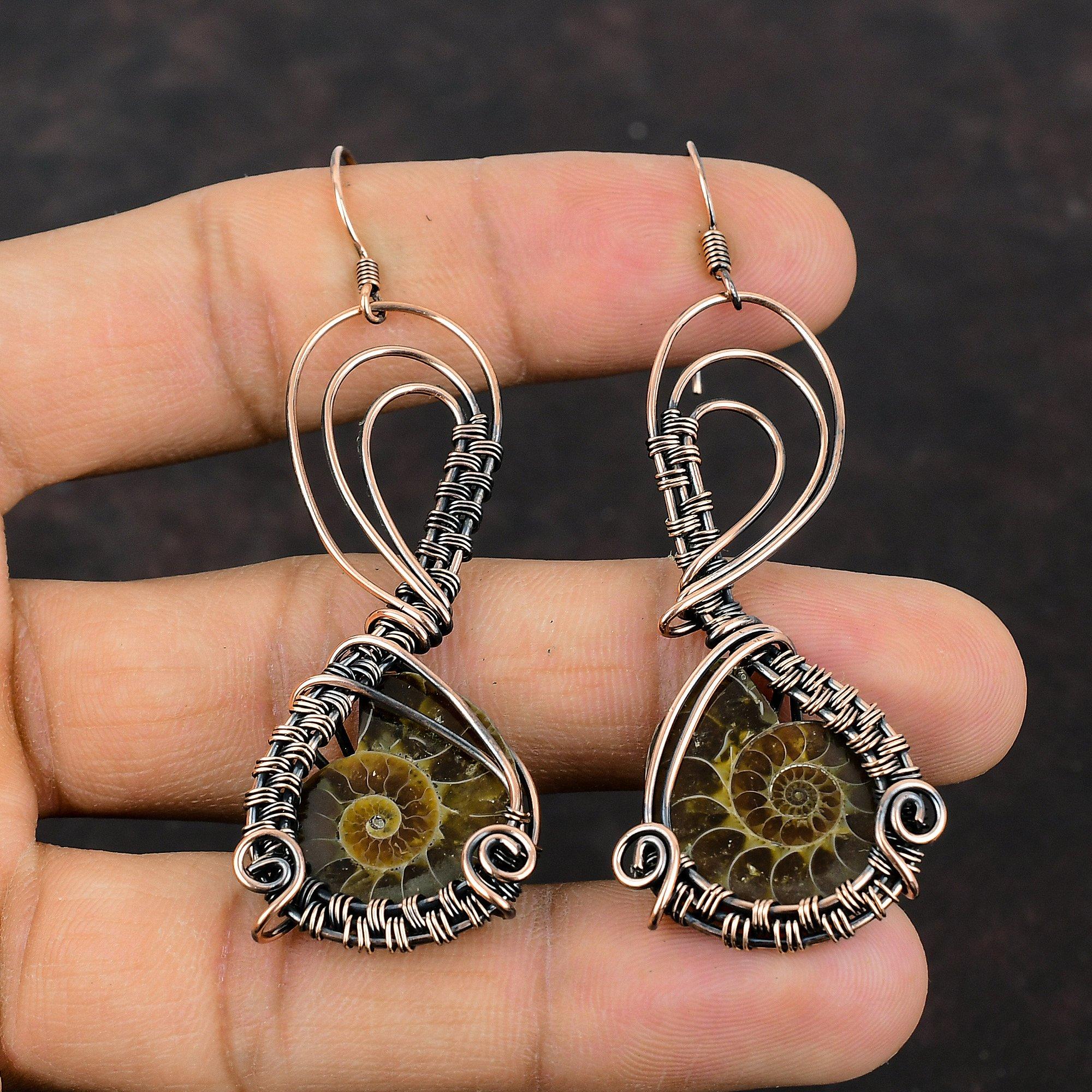 Серьги из аммонита, обернутые медной проволокой, медные ювелирные изделия, серьги с драгоценными камнями, ювелирные изделия ручной работы, обернутые проволокой, серьги-капли для подарка