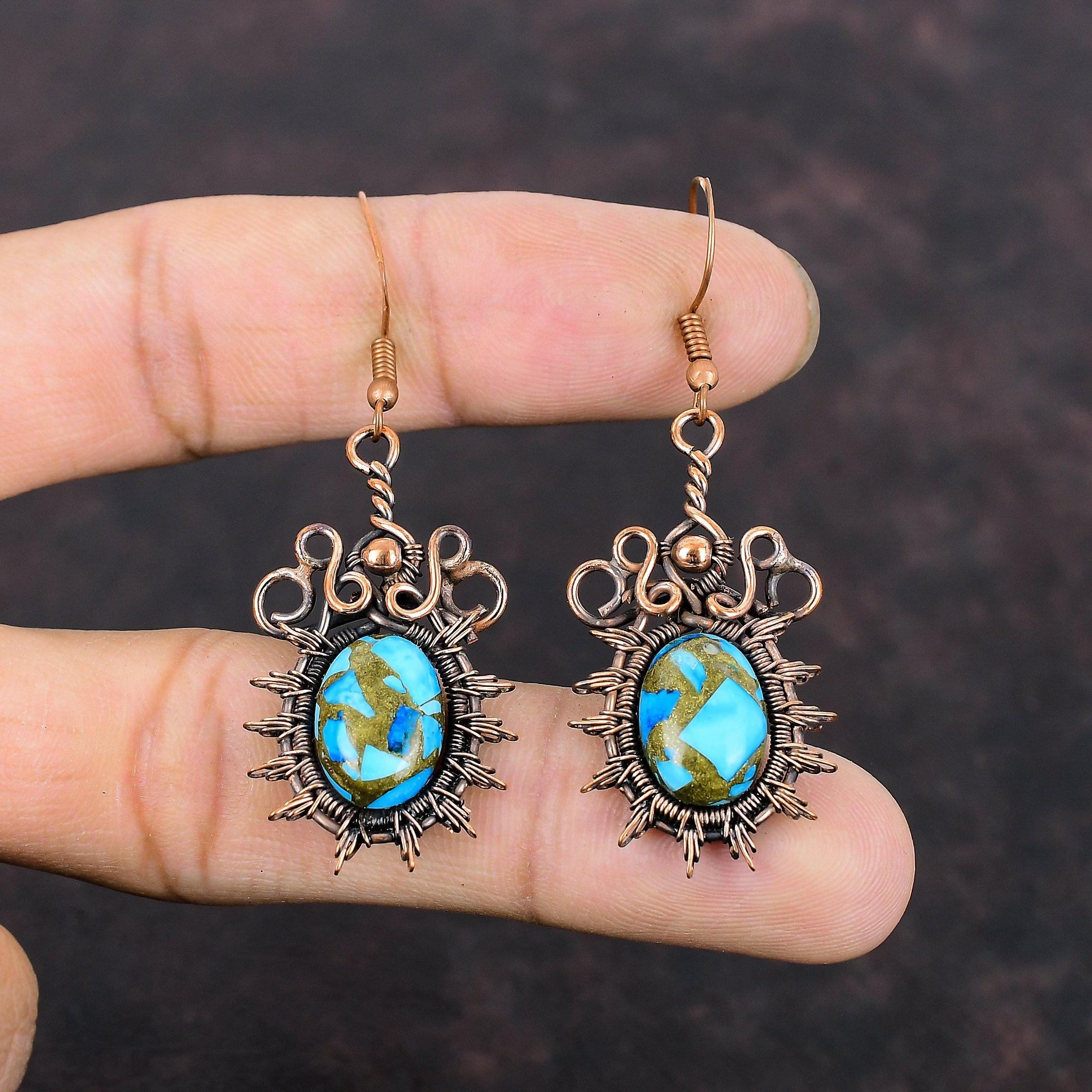 Медные синие бирюзовые серьги Серьги из медной проволоки Серьги из настоящего драгоценного камня Медные украшения Серьги ручной работы Ювелирные изделия из проволочной обмотки для подарка