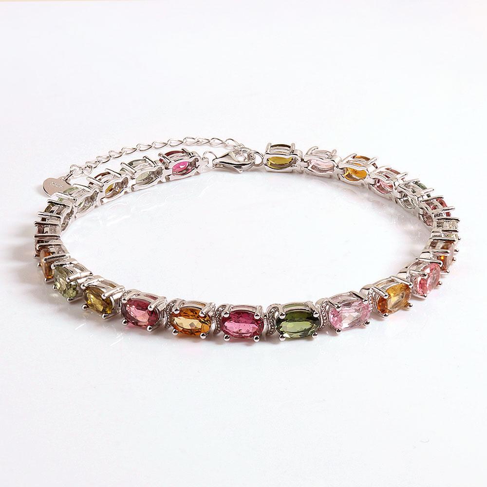 Real Colorful Gemstone Bracelet Natural Brazil Tourmaline Oval 4*6mm Fine Jewelry 925 Sterling Silver for Women Gift