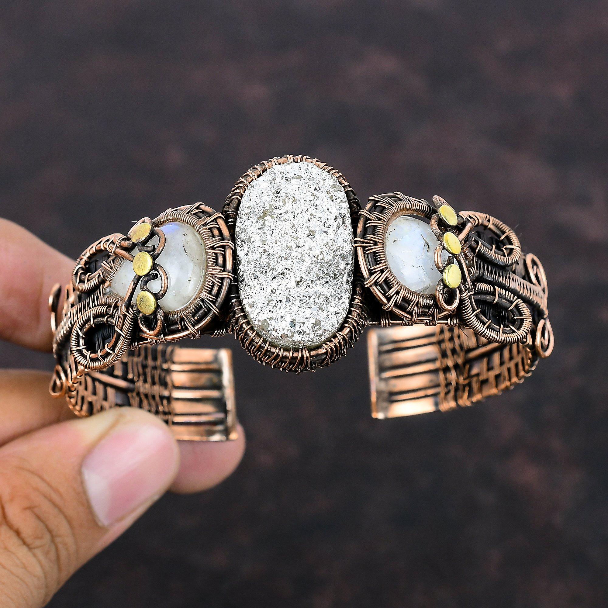 Silver Druzy Bangle Gemstone Cuff Bracelet Copper Wire Wrapped Rainbow Moonstone Bangle Adjustable Cuff Bracelet Handmade Jewelry For Gift