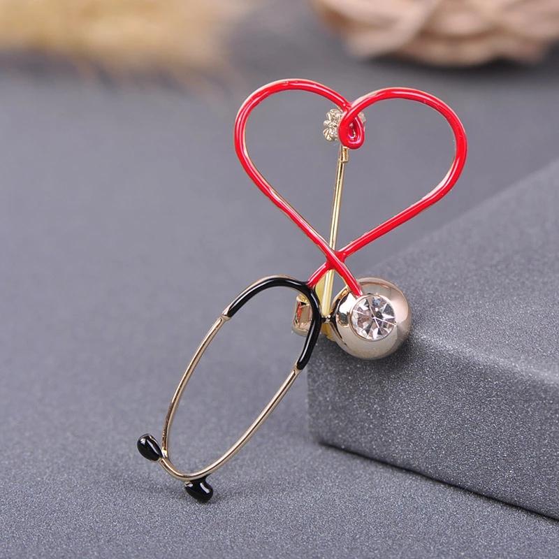 Blucome Copper Love Heart Stethoscope Brooches For Women Men Doctor Nurse Medical Brooch Collar Clip Badge Pins Christmas Gift