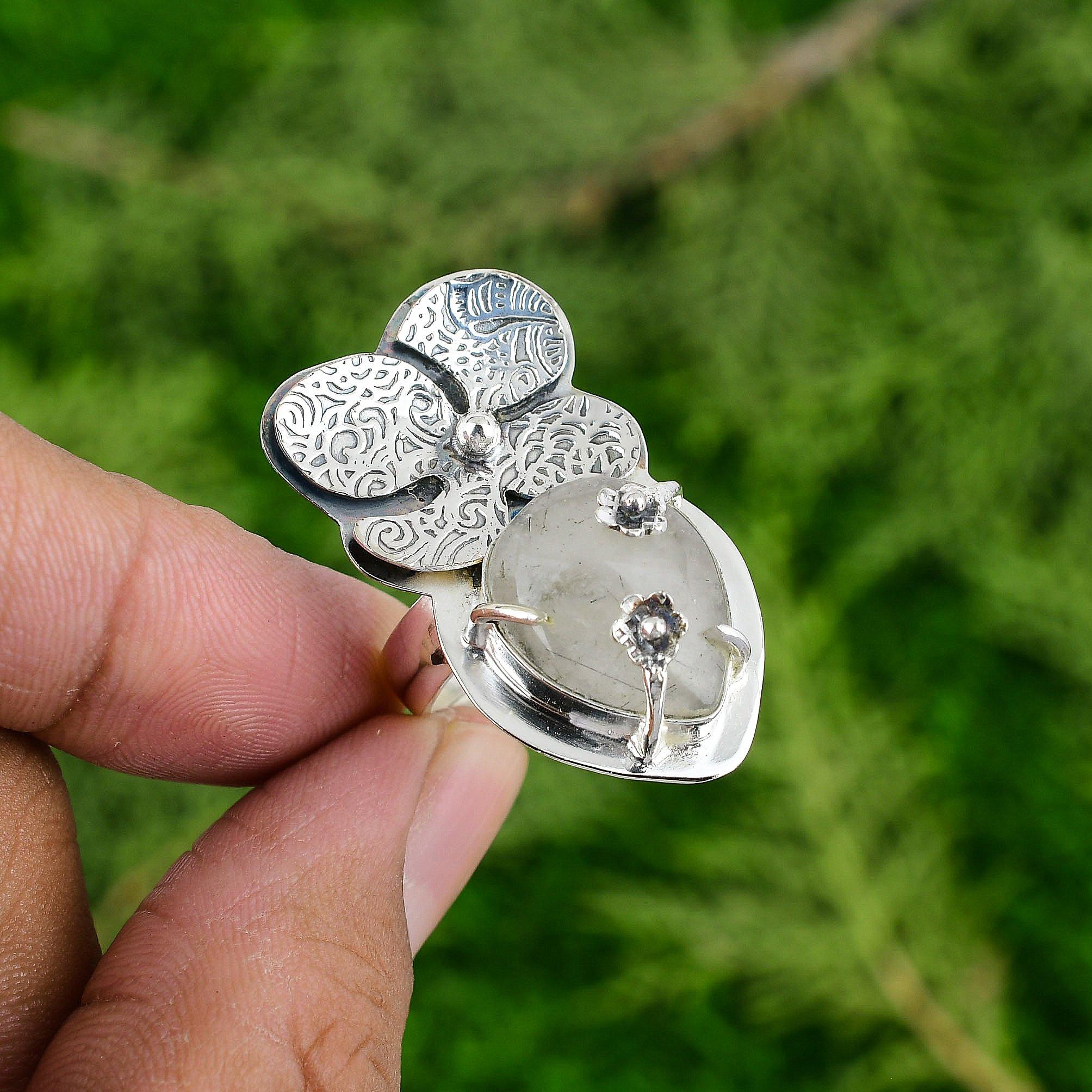 925 Sterling Silver Black Rutilated Quartz Stone Statement Flower Ring Jewelry