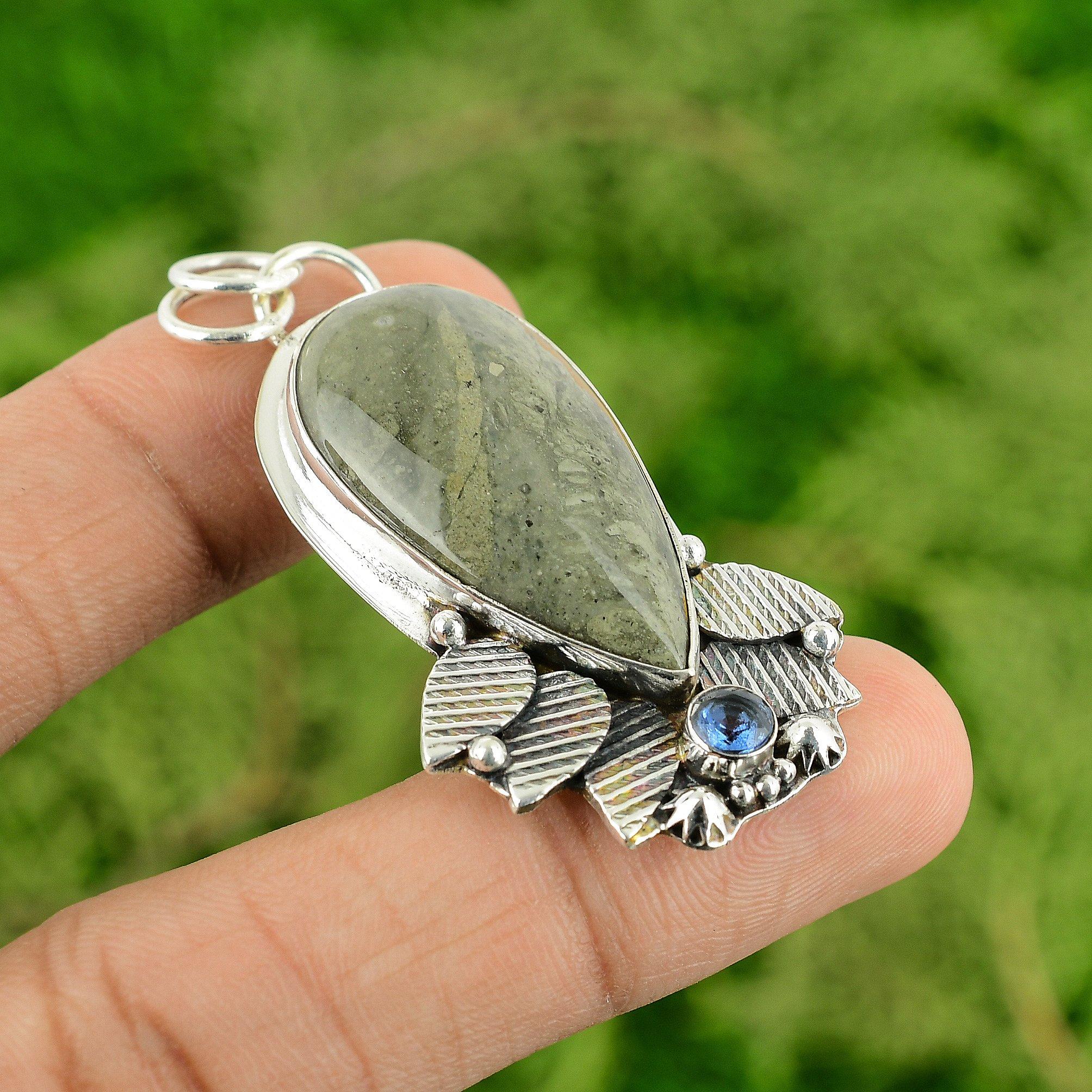 Pear Natural Polychrome Jasper Tanzanite Quartz Mother Bezel Pendant 925 Silver