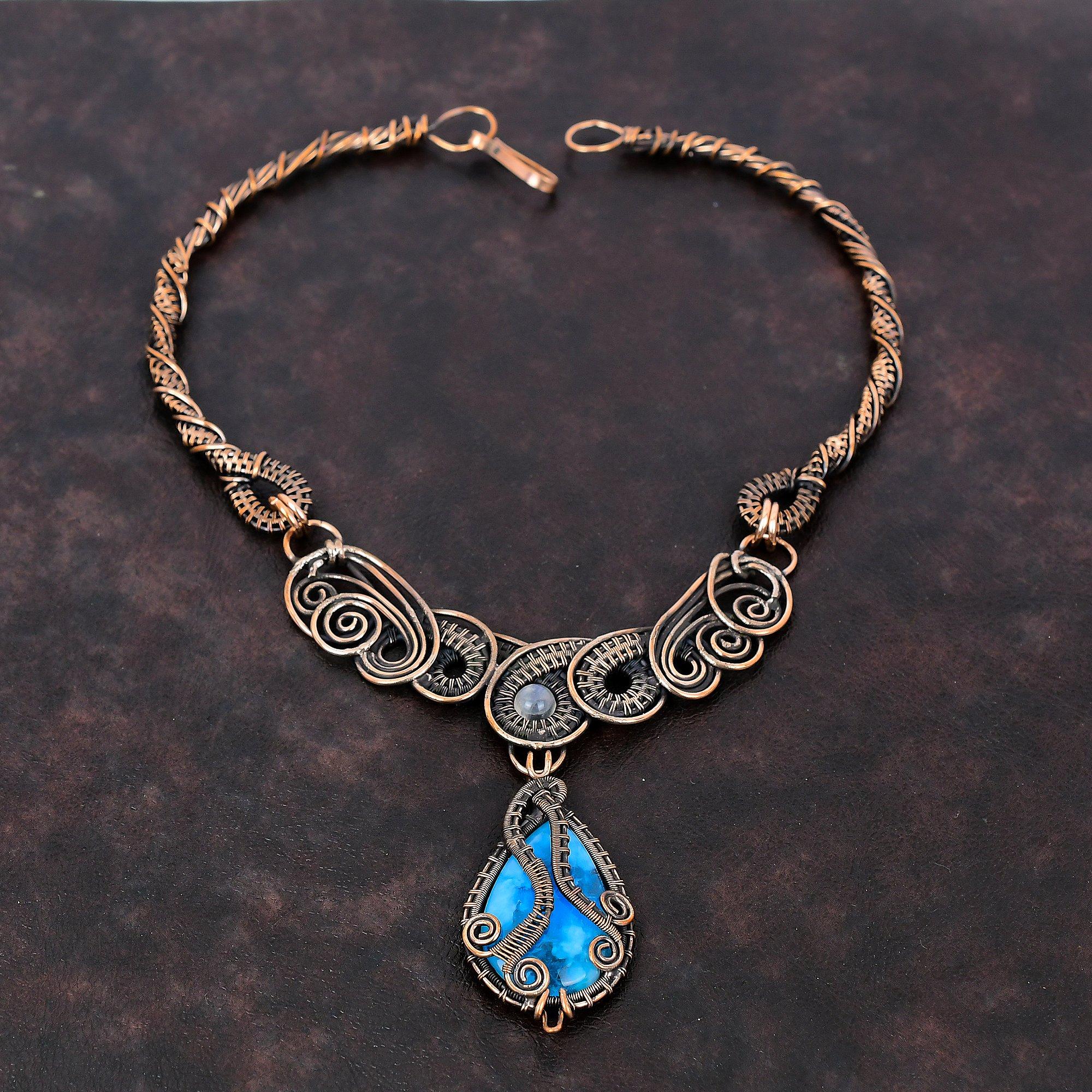 Смитсонитовое ожерелье, ювелирные изделия из медной проволоки, ожерелье из настоящего драгоценного камня, медное ожерелье ручной работы, проволочная обмотка, ожерелье из радужного лунного камня