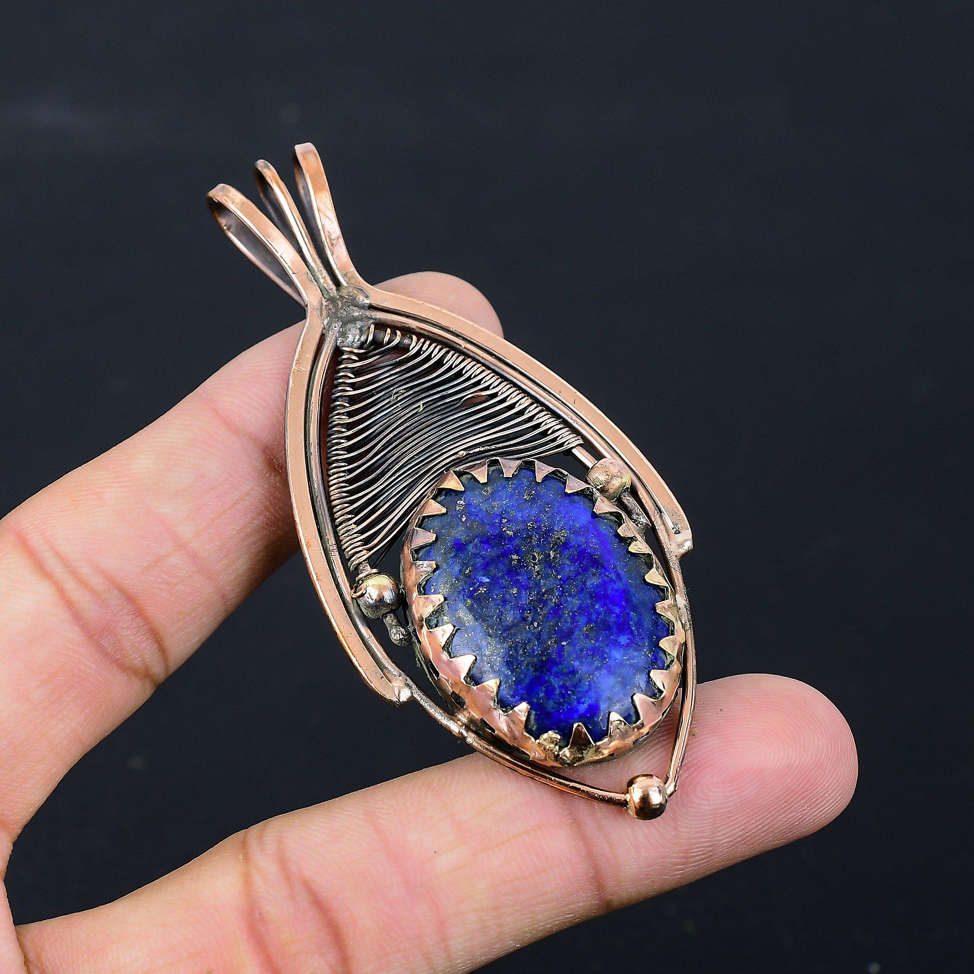 Щедрый лазуритовый драгоценный камень Чистая медная проволока Обернутая ювелирная подвеска ручной работы