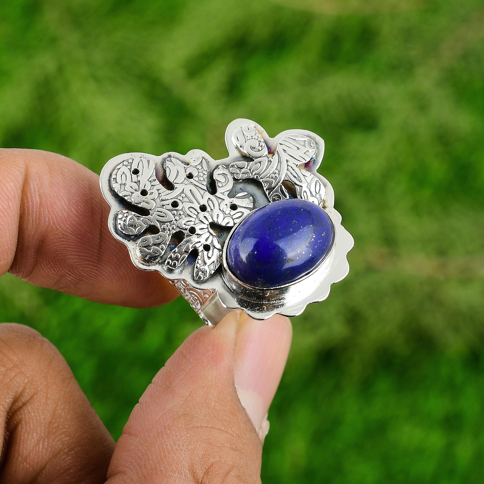 Natural Lapis Lazuli Gemstone Stackable Adjustable Ring 925 Silver For Women