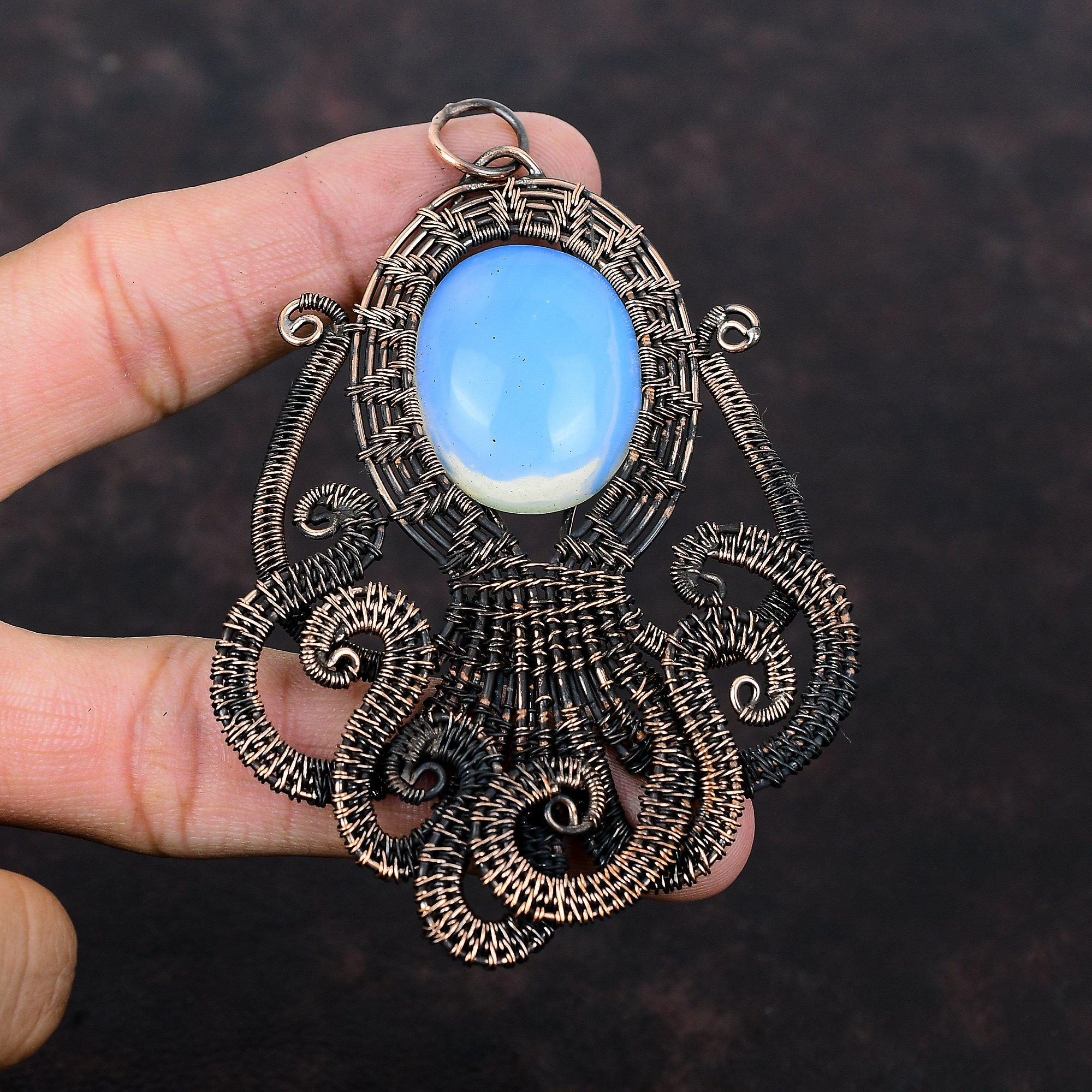 Подвеска из молочного опала, подвеска из медной проволоки, медное украшение ручной работы, потрясающая подвеска в виде осьминога, ювелирные изделия из настоящего драгоценного камня, специальный женский подарок