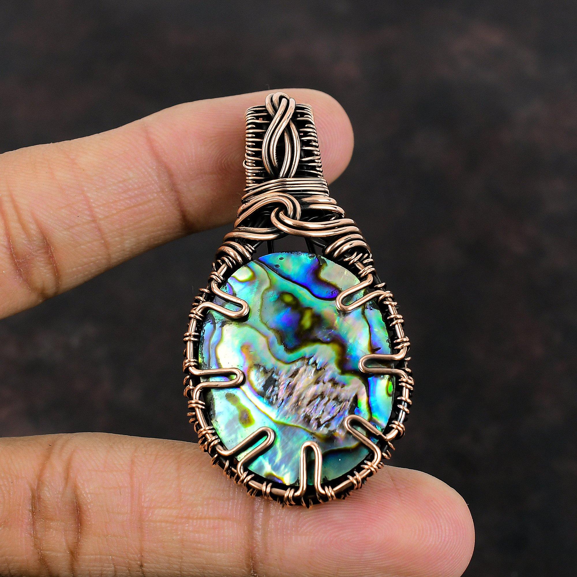 Подвеска из ракушки абалон, подвеска из медной проволоки, настоящие драгоценные камни, подвеска ручной работы из медной проволоки, антикварная подвеска, подарок для нее