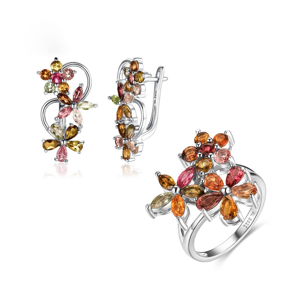 Natural Brazil Tourmaline Women Rings Earrings Jewelry Set Good Multi-color Natural Gemstones 925 Sterling Silver Fine Jewelry