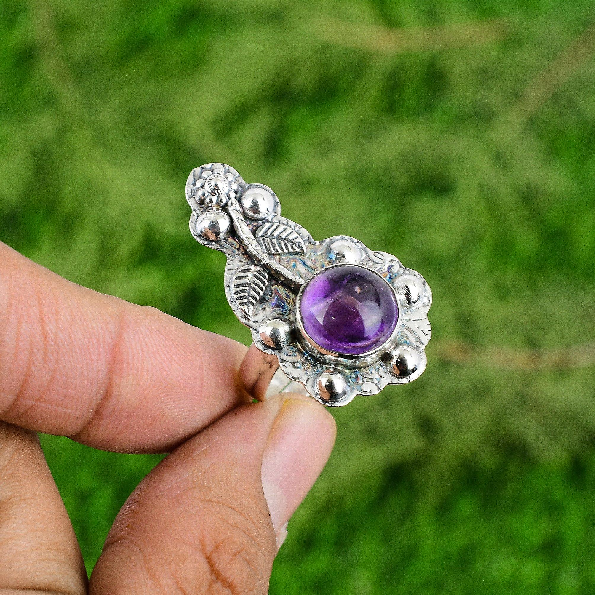 Sterling Silver Round African Amethyst Gemstone Statement Flower Ring Jewelry