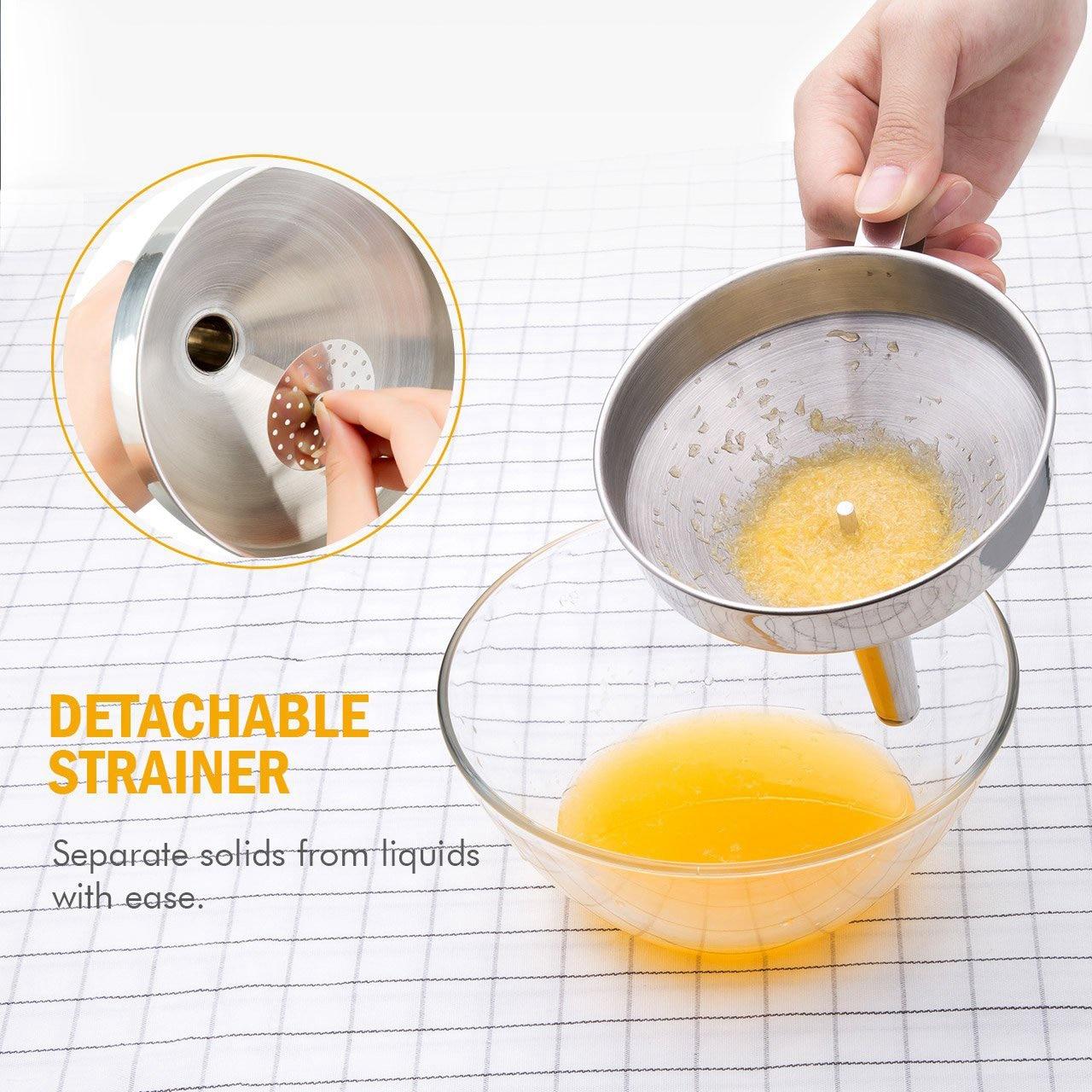 Stainless Steel Funnel Kitchen Oil Liquid Funnel Metal Funnel with Detachable Filter Wide Mouth Funnel for Kitchen Tool