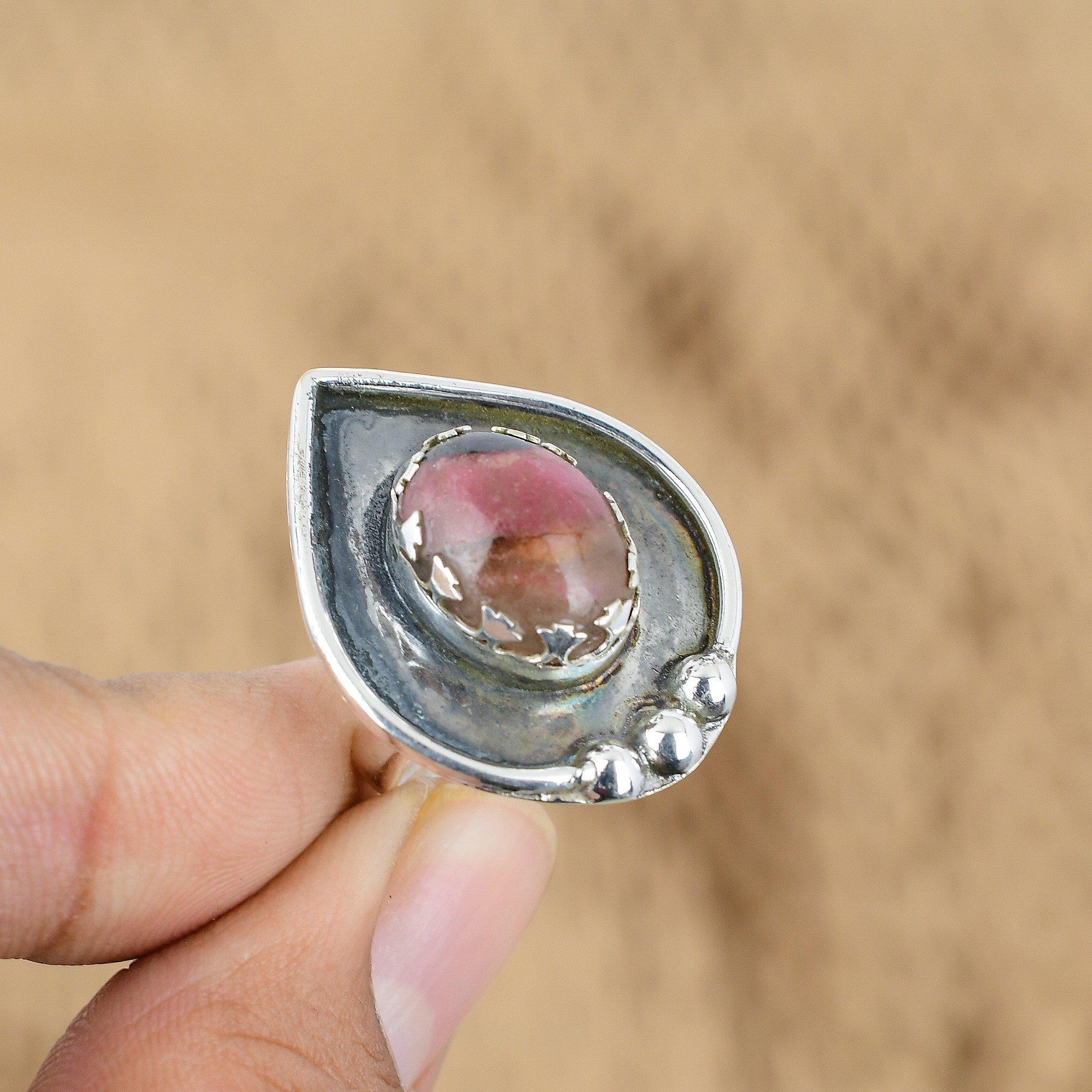 Natural Rhodonite Gemstone Promise Adjustable Ring 925 Sterling Silver For Women