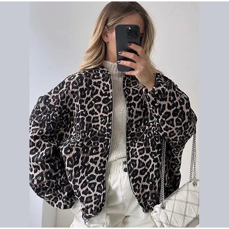 Fashion Leopard Zipper Long Sleeved Women's Jacket Retro Round Neck Street Casual Outwears Female Autumn Commute Coat