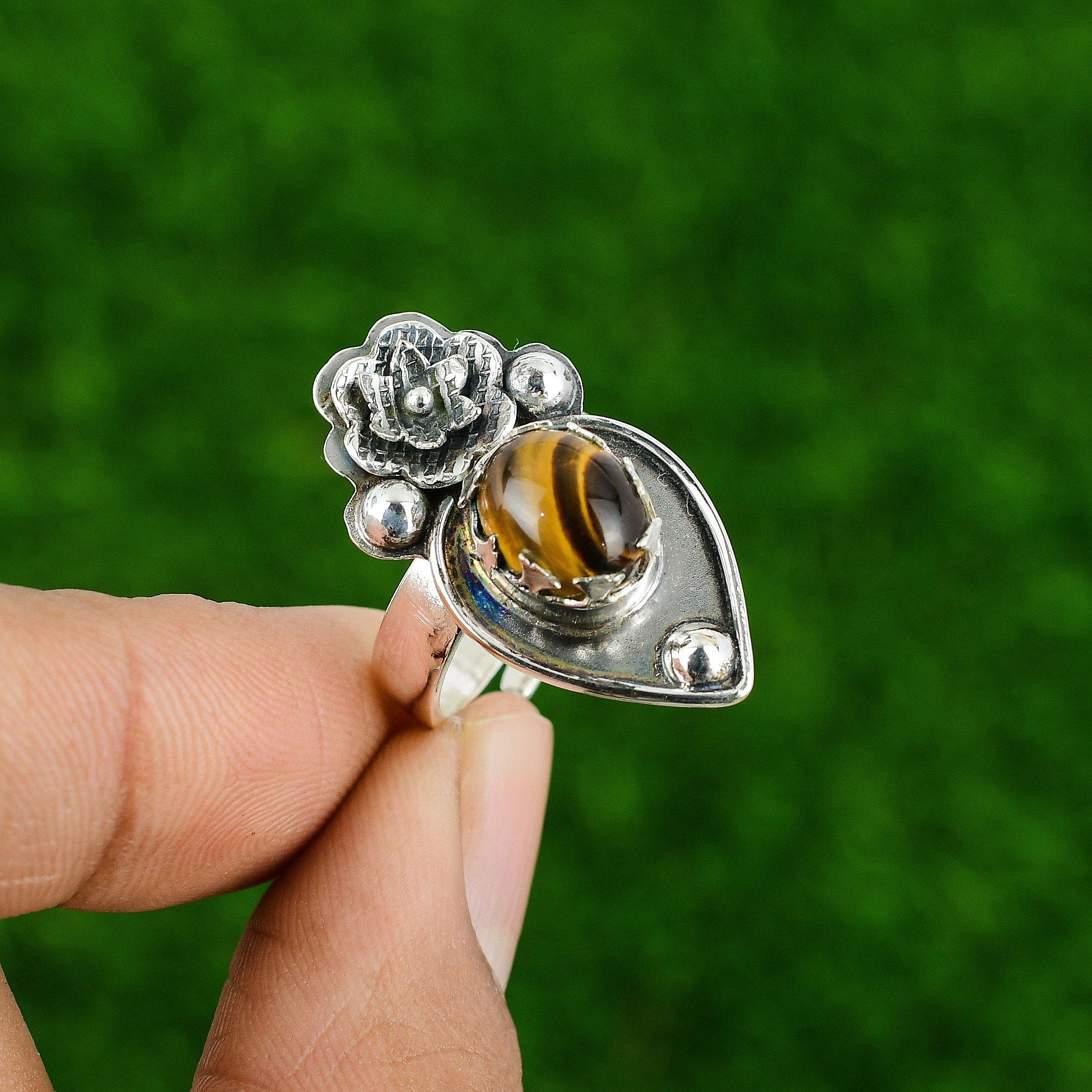 Natural Tiger'S Eye Gemstone Stackable Flower Adjustable Ring 925 Silver