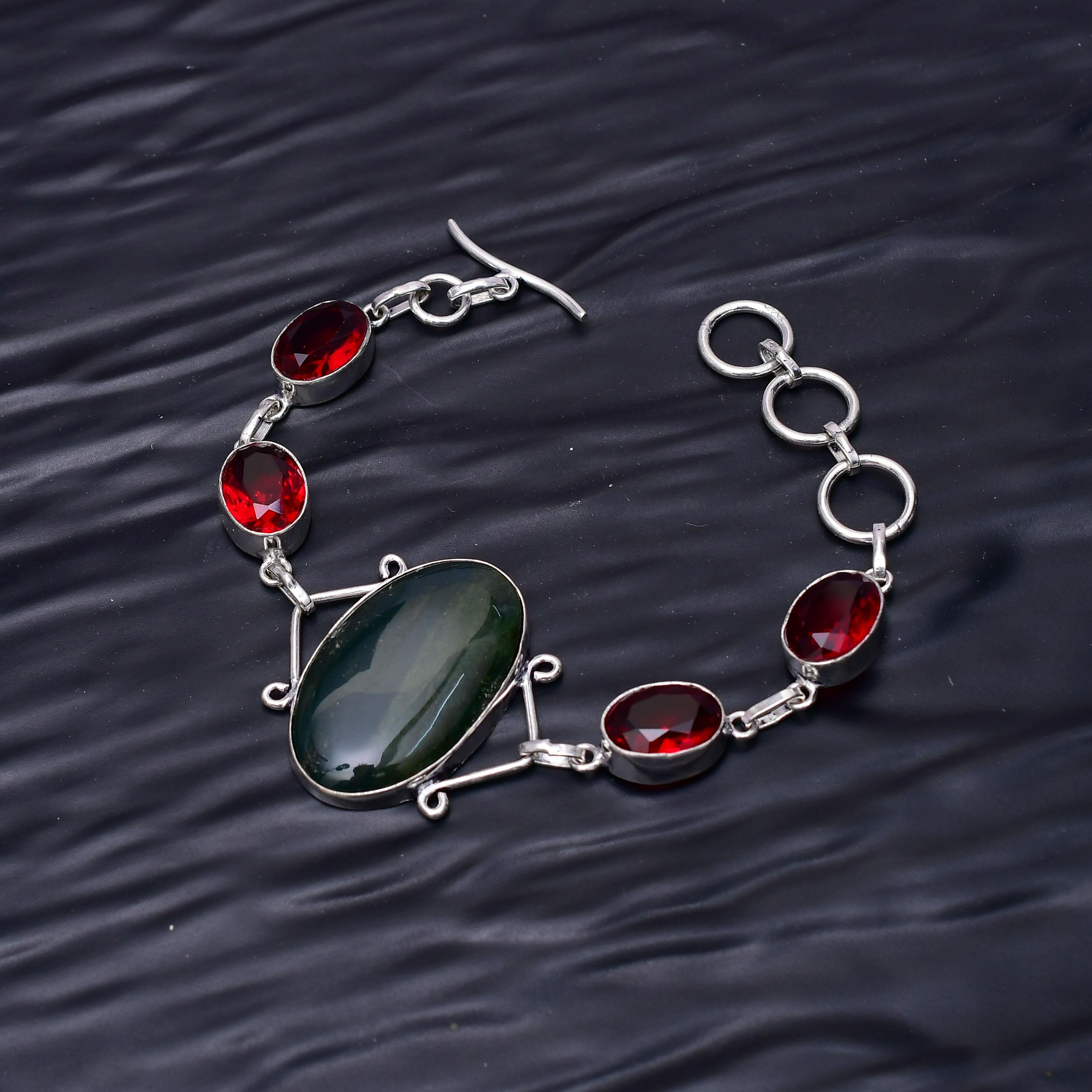 Blood Stone & Garnet Gemstone : 925 Sterling Silver Handmade Multi Gemstone Bracelet Jewelry