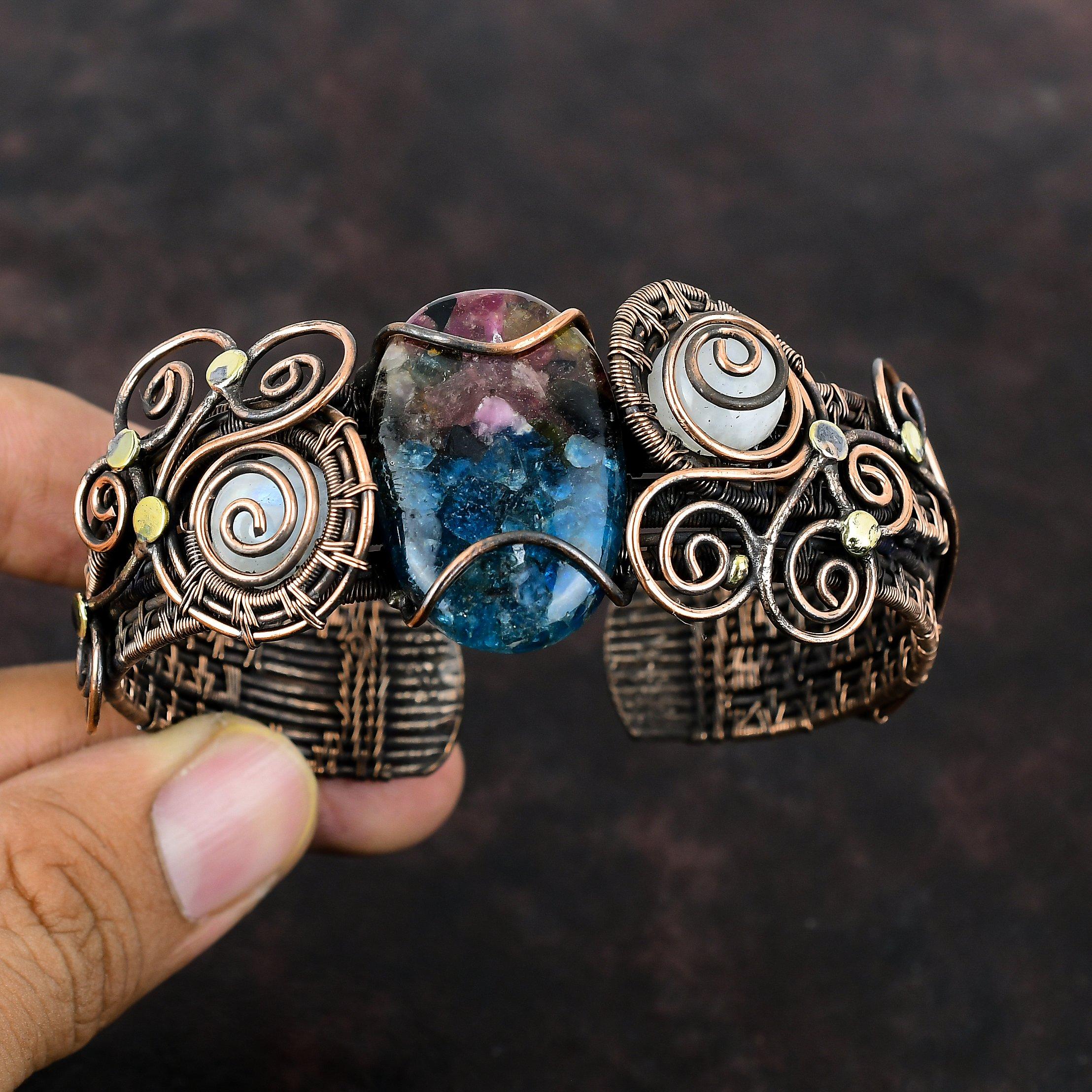 Браслет с арбузом и турмалином, медная проволока, браслет-манжета с драгоценным камнем, регулируемый браслет, браслет ручной работы с лунным камнем, медные украшения для подарка