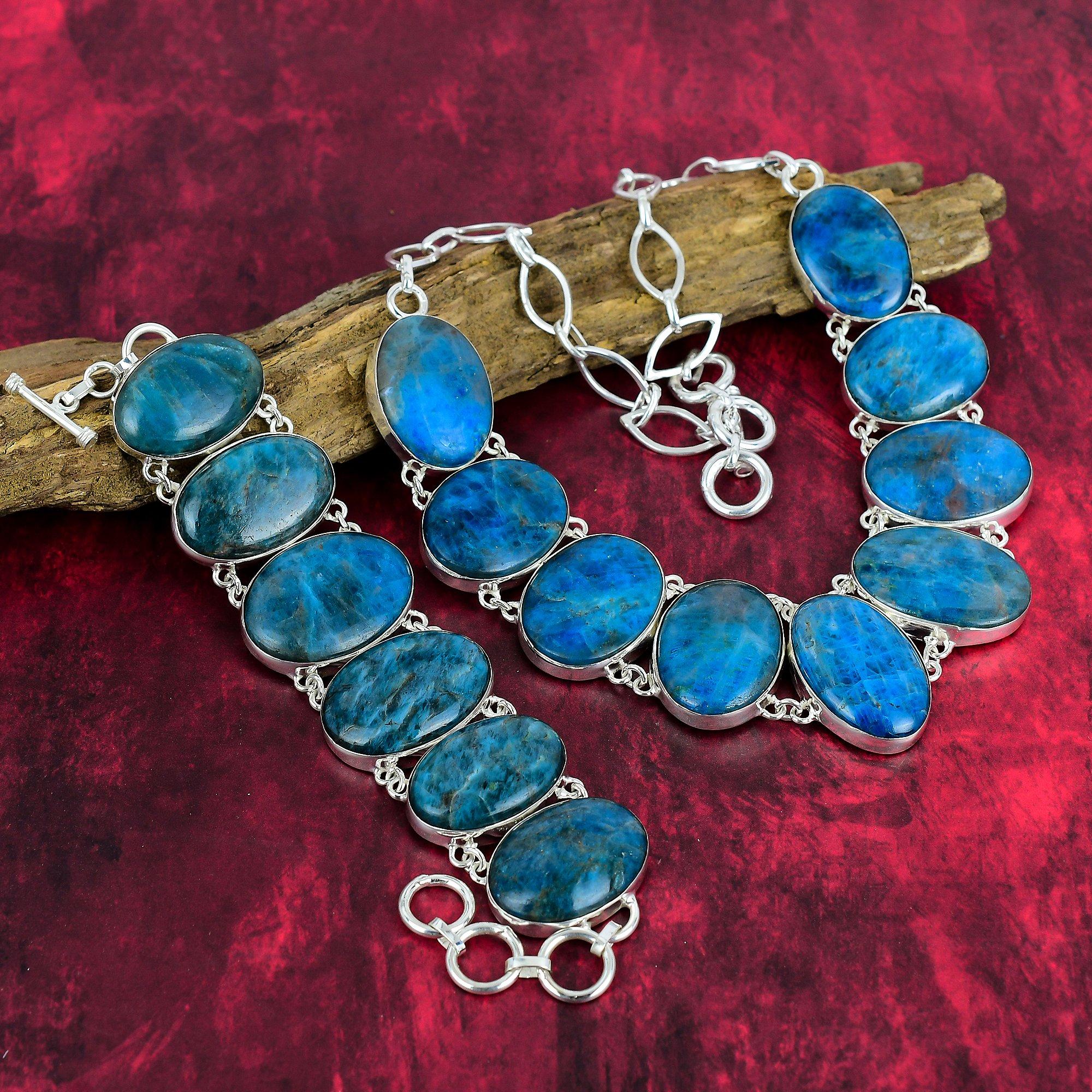 Неоново-синий апатит, стерлинговое серебро 925 пробы, ювелирные изделия, браслет и ожерелье, комплект ювелирных изделий для нее, элегантный комплект ювелирных изделий ручной работы из драгоценных камней для подарка на день рождения