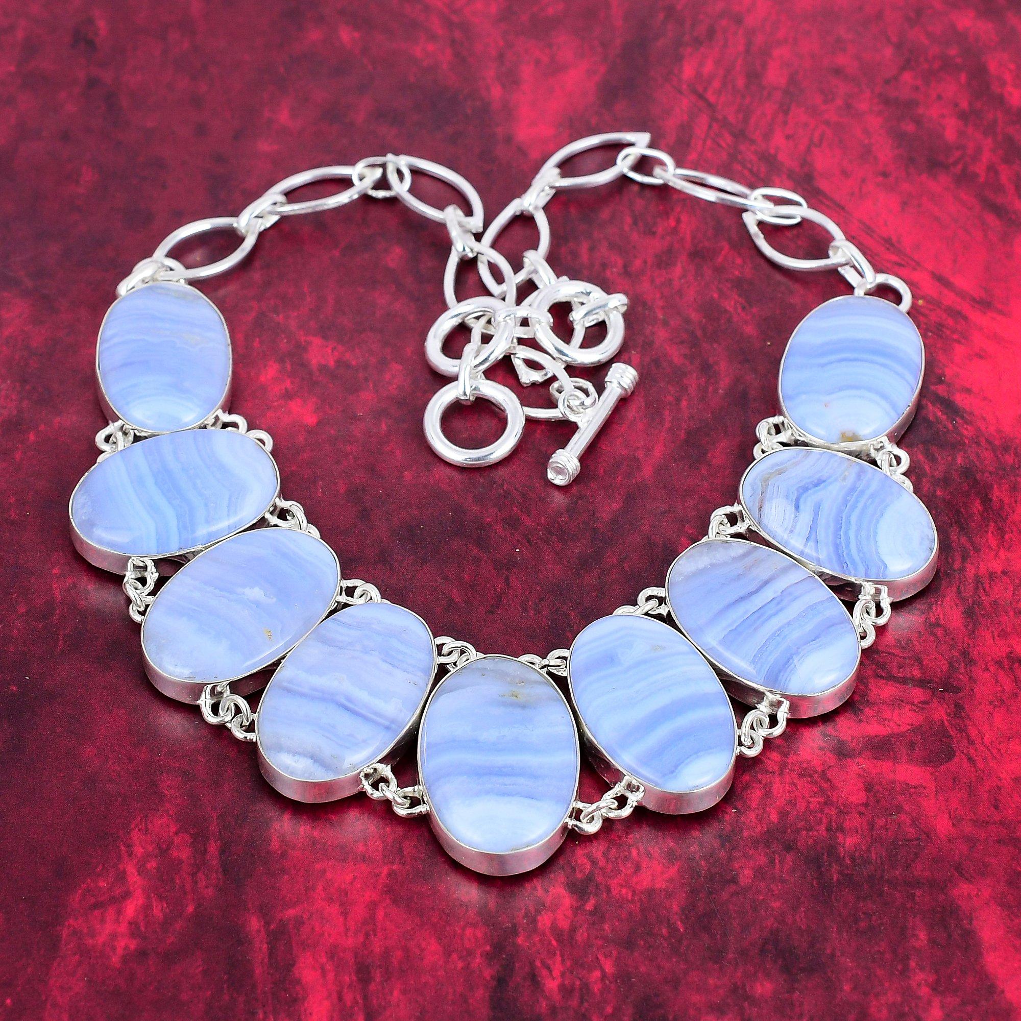 Ожерелье из натурального синего кружева с агатом из стерлингового серебра 925 пробы, ювелирные изделия из драгоценных камней, ожерелье ручной работы, удивительный ювелирный подарок для нее