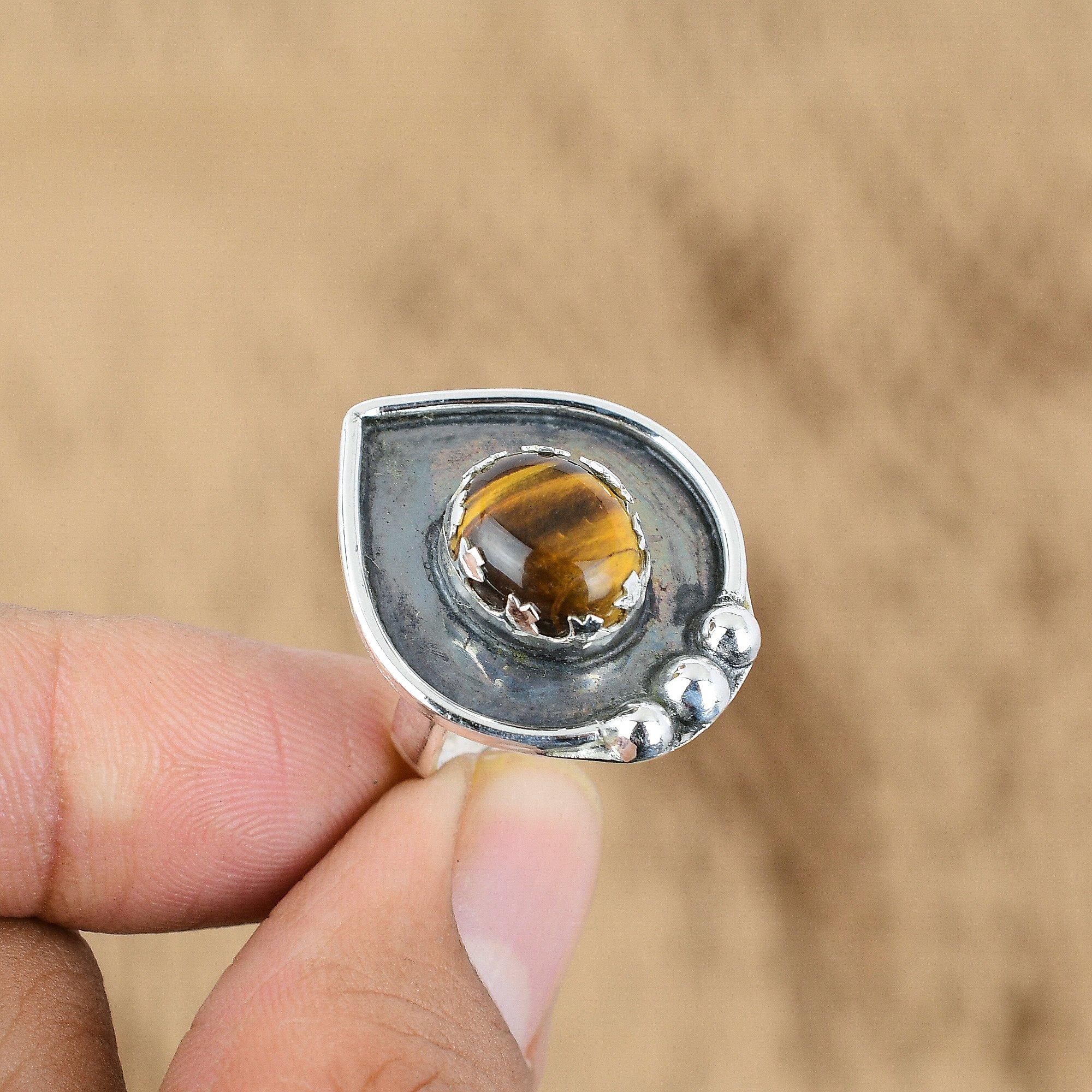 Mothers day Sale Tiger's Eye Gemstone 925 Sterling Silver Sister Ring Jewelry