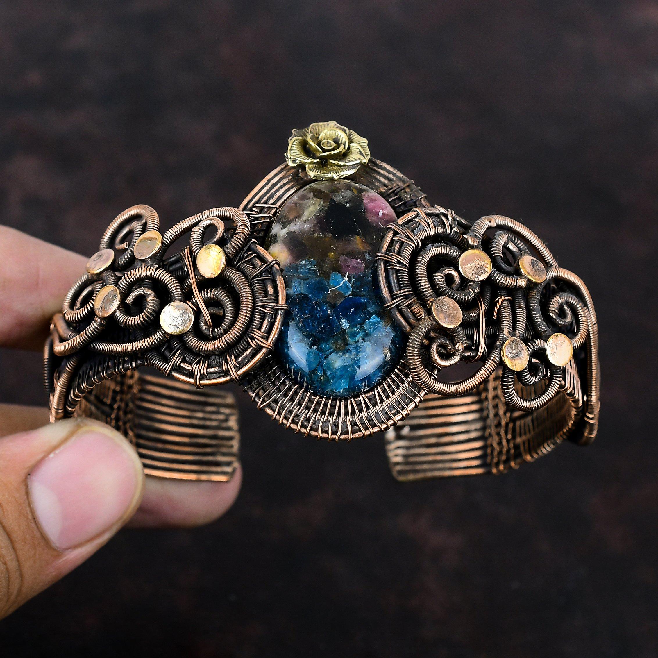 Copper Watermelon Tourmaline Bangle Copper Wire Wrapped Gemstone Cuff Bracelet Handmade Adjustable Bangle Gift For Her Flower Copper Jewelry