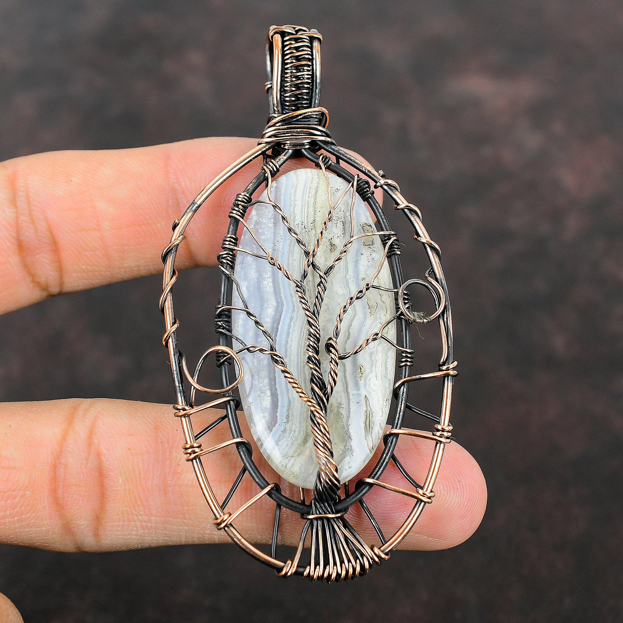 Древо жизни Синий Кружевной Агат Кулон Драгоценный Камень Проволока Ювелирные Изделия Медная Проволока Обернутый Кулон Ручной Работы Древо Жизни Ювелирные Изделия Подарок Для Матери