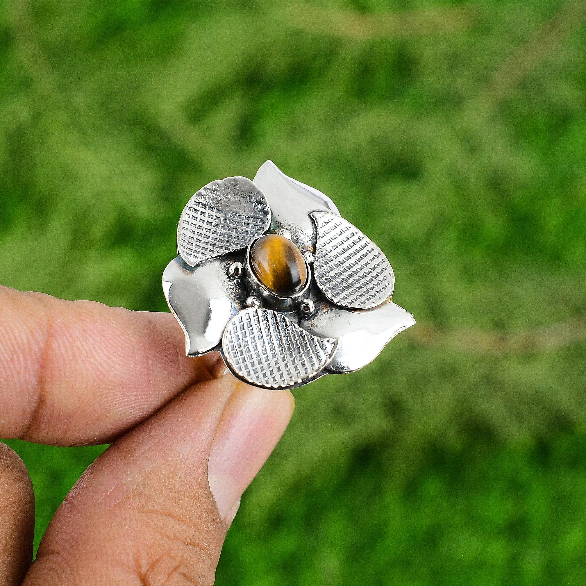 Gift For Women Statement Flower Adjustable Ring 925 Silver Natural TigerS Eye