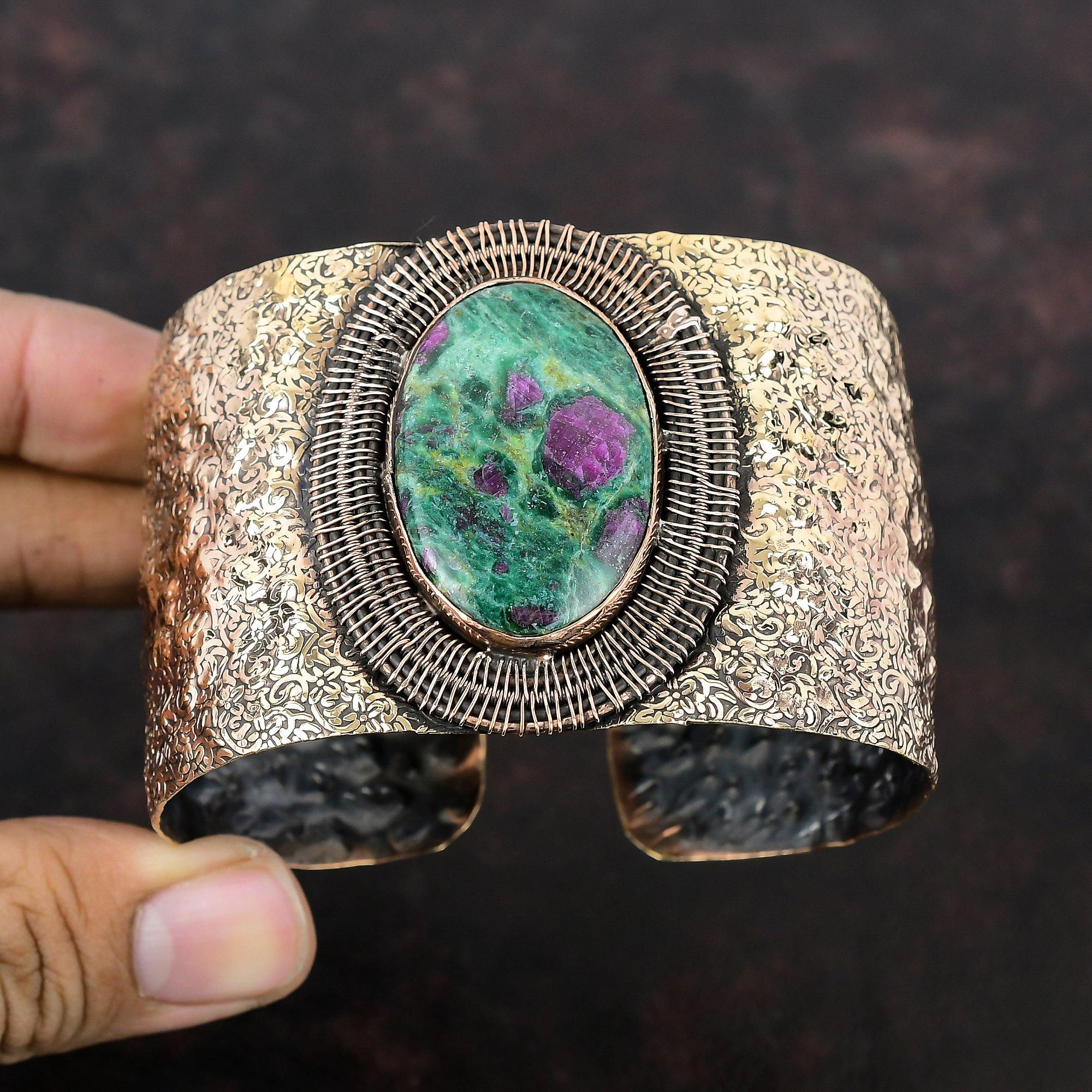 Рубиновый фукситовый медный браслет-манжета с проволочной обмоткой, регулируемый браслет ручной работы, браслет с драгоценными камнями, медная проволочная обмотка, ювелирные изделия, подарки для матери