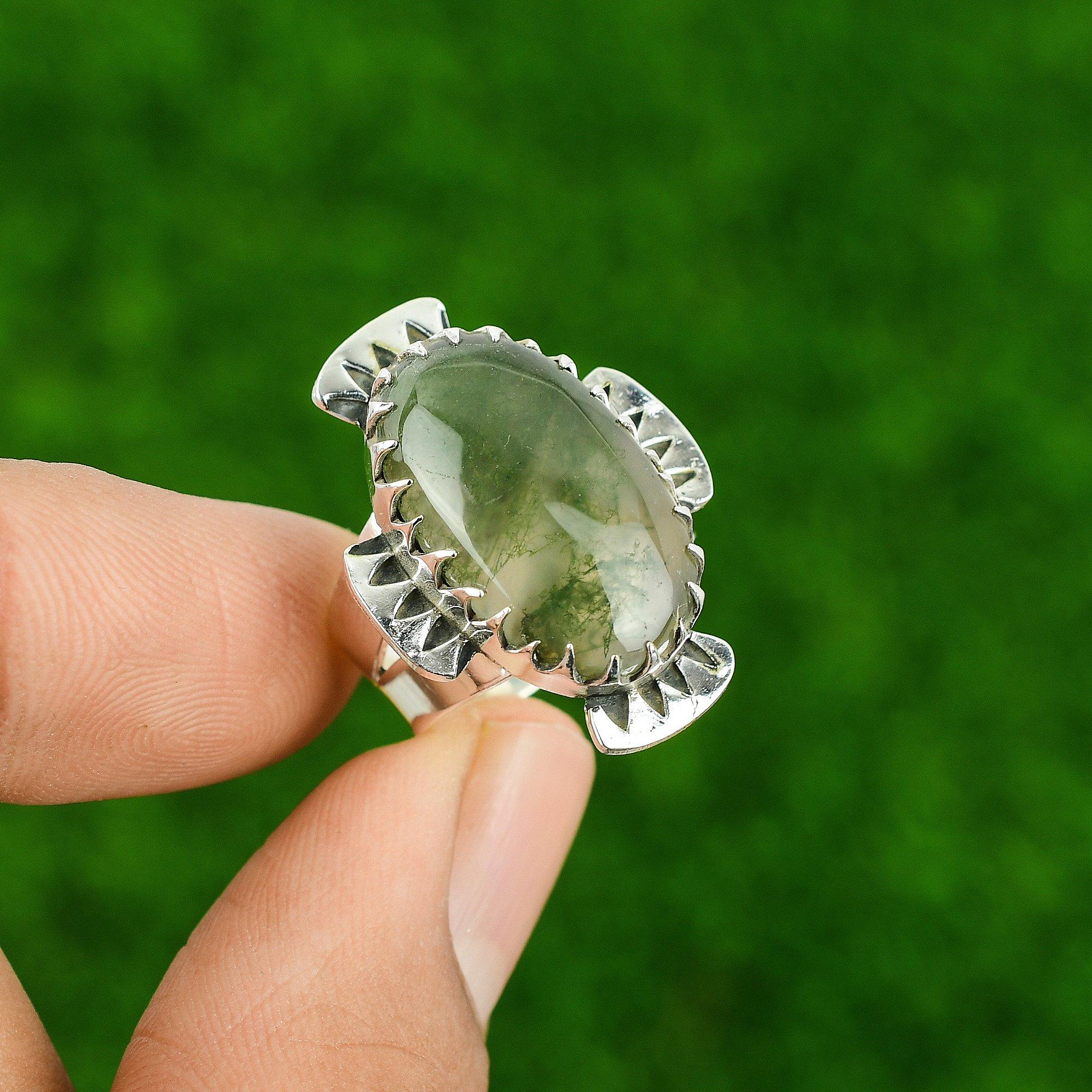 Кольцо-солитер из стерлингового серебра 925 пробы с натуральным солнечным моховым агатом, ювелирное изделие, США 6.5