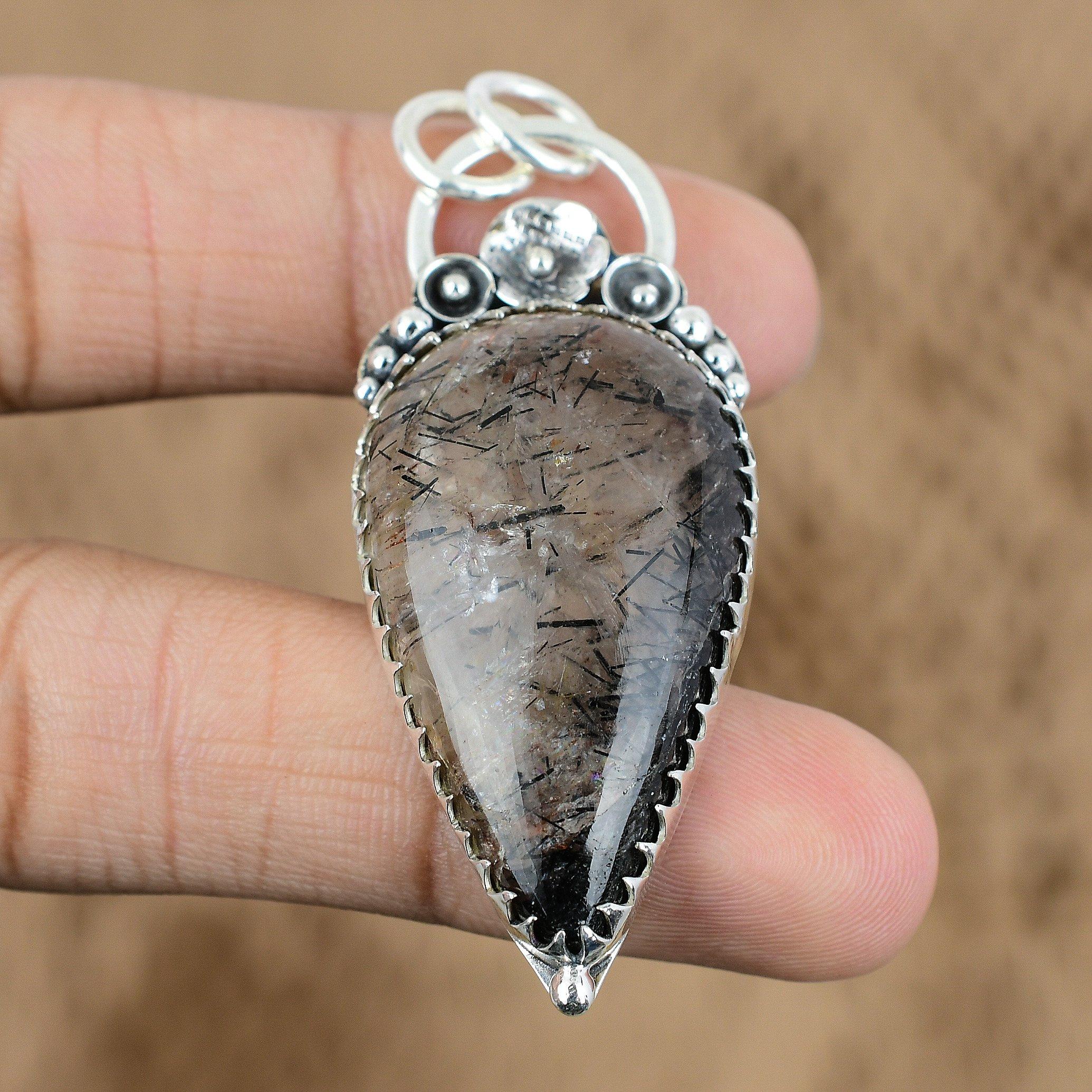 Wedding Gift For Her 925 Silver Natural Black Rutile Gemstone Pendant Flower