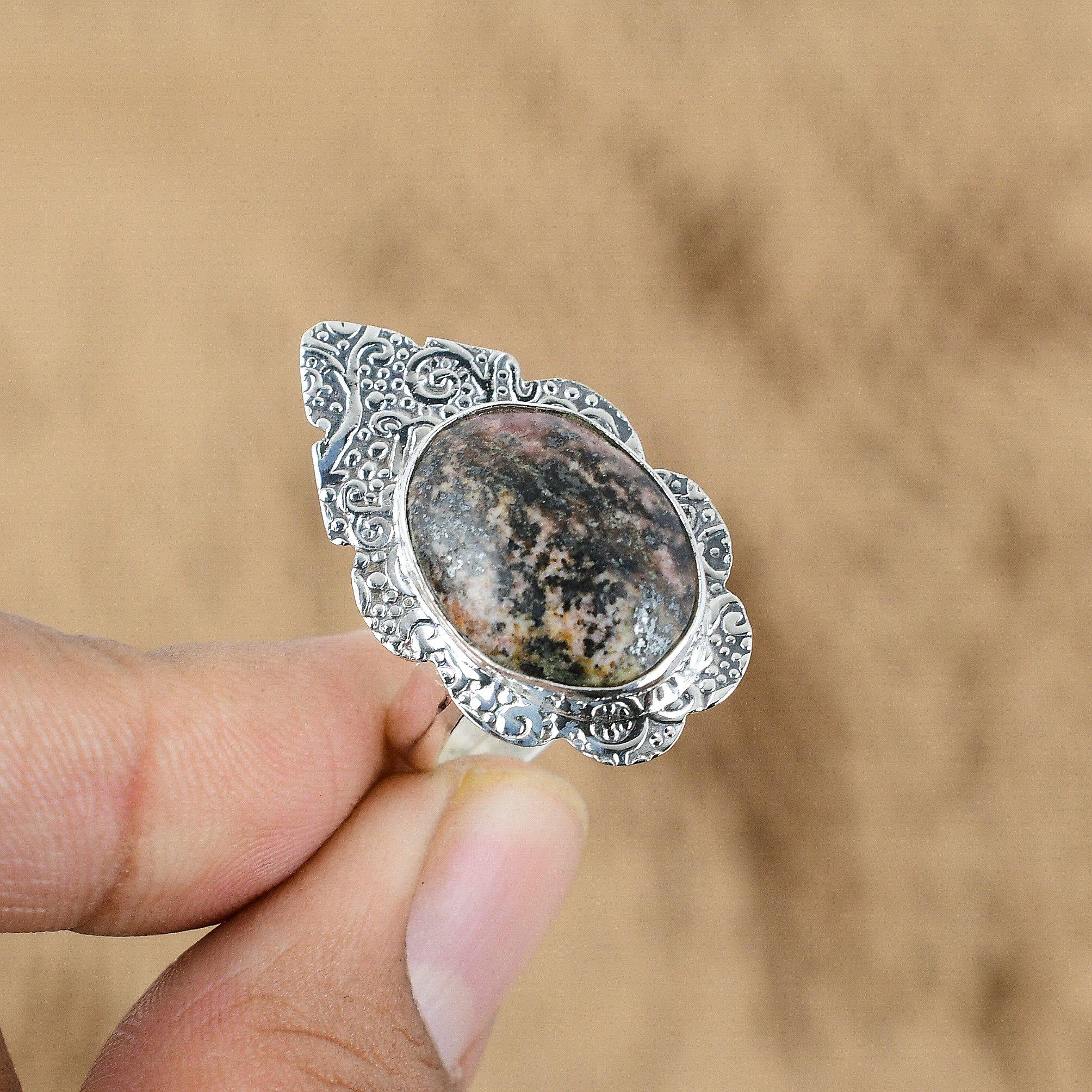 Gift For Her 925 Silver Natural Rhodonite Gemstone Multi Stone Adjustable Ring