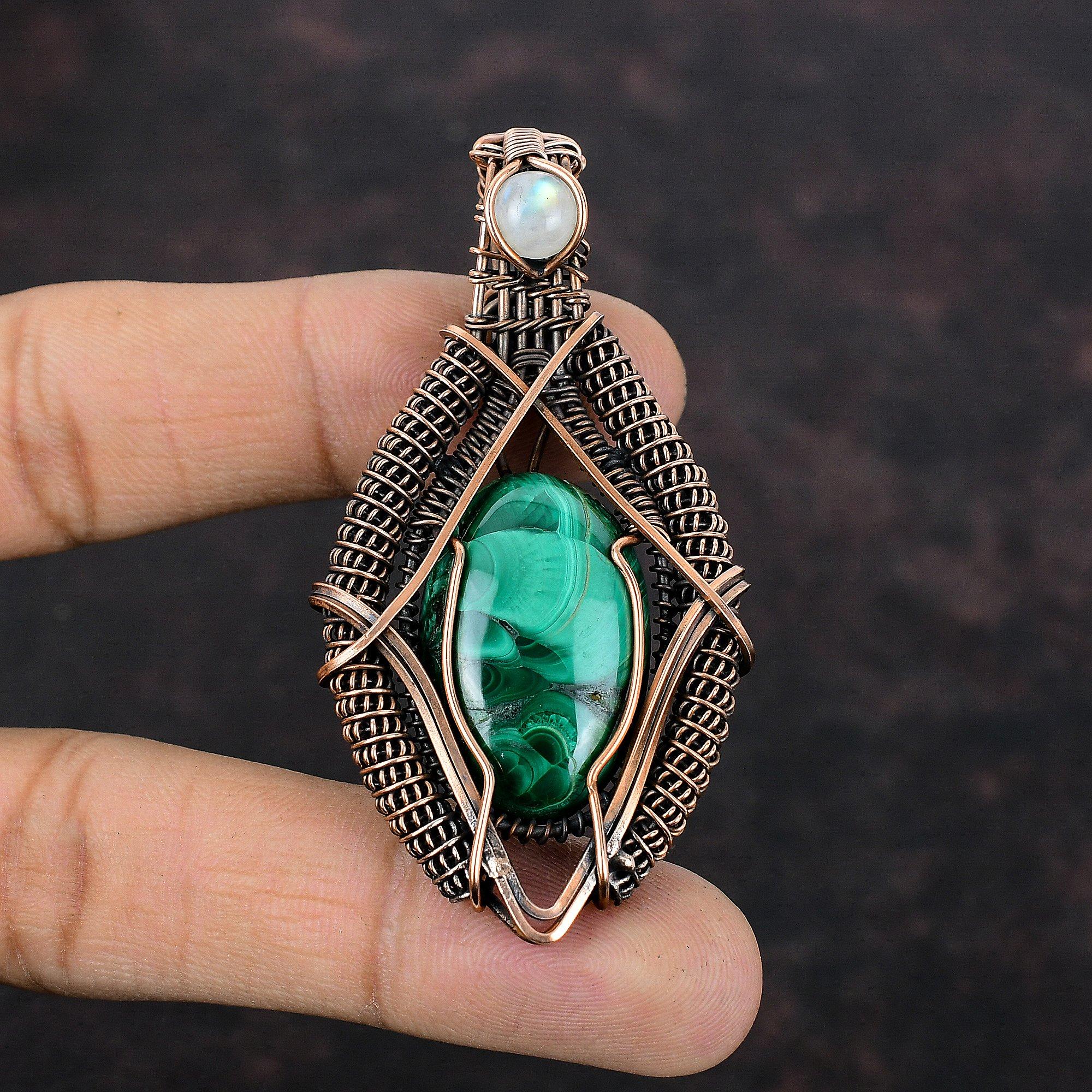 Малахитовый кулон, обернутый медной проволокой, кулон из радужного лунного камня, украшения из драгоценных камней, кулон ручной работы, обернутый проволокой, дизайнерские медные украшения для мамы
