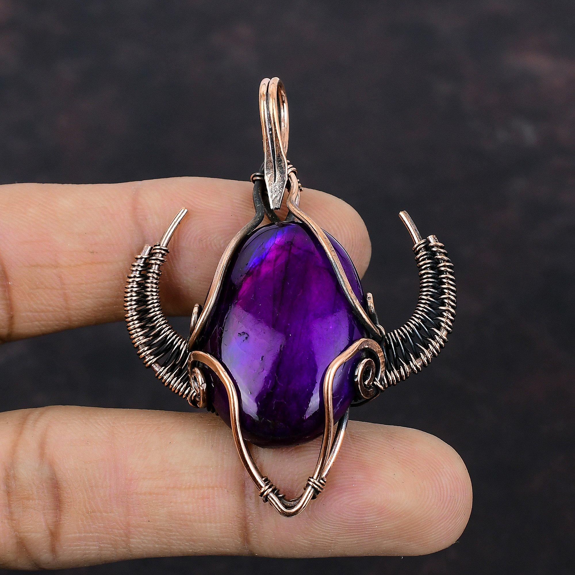 Подвеска из фиолетового огненного лабрадорита, медная проволочная обертка, подвеска ручной работы в форме бычьей морды, изящная подвеска из драгоценного камня, медные украшения для подарка
