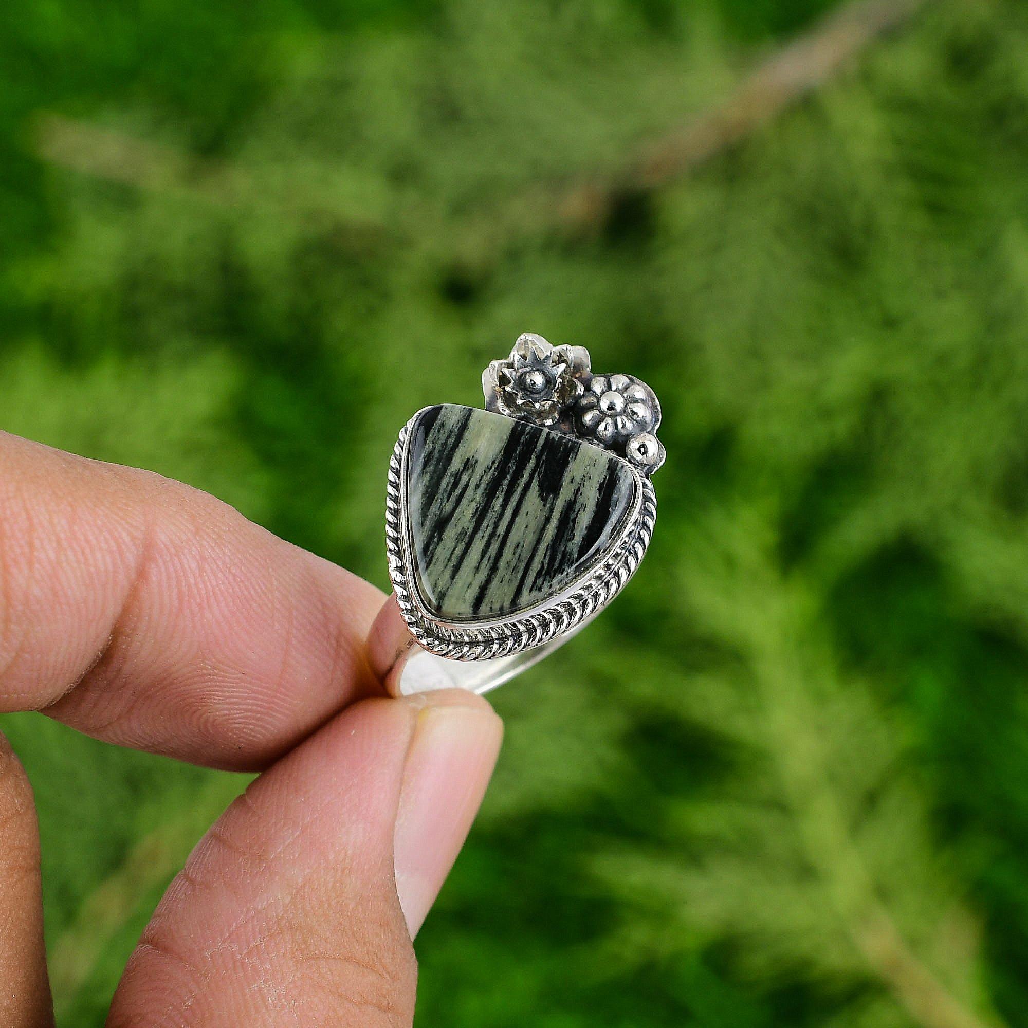 925 Silver Silver Leaf Jasper Gemstone Anniversary Stackable Flower Ring Jewelry