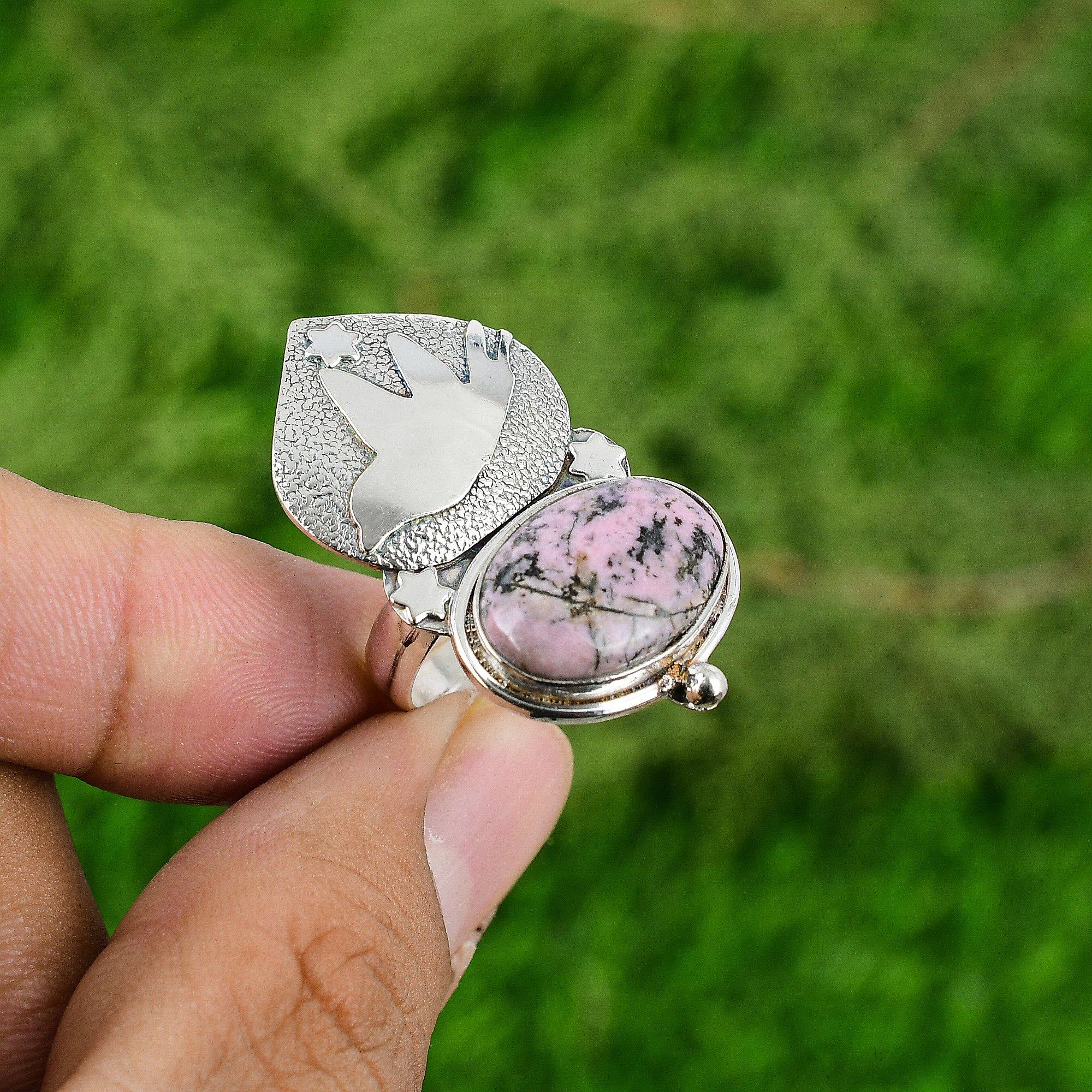 День женщин Распродажа Родонит Драгоценный камень Стерлинговое серебро Птица Ручная работа Кольцо для сестры