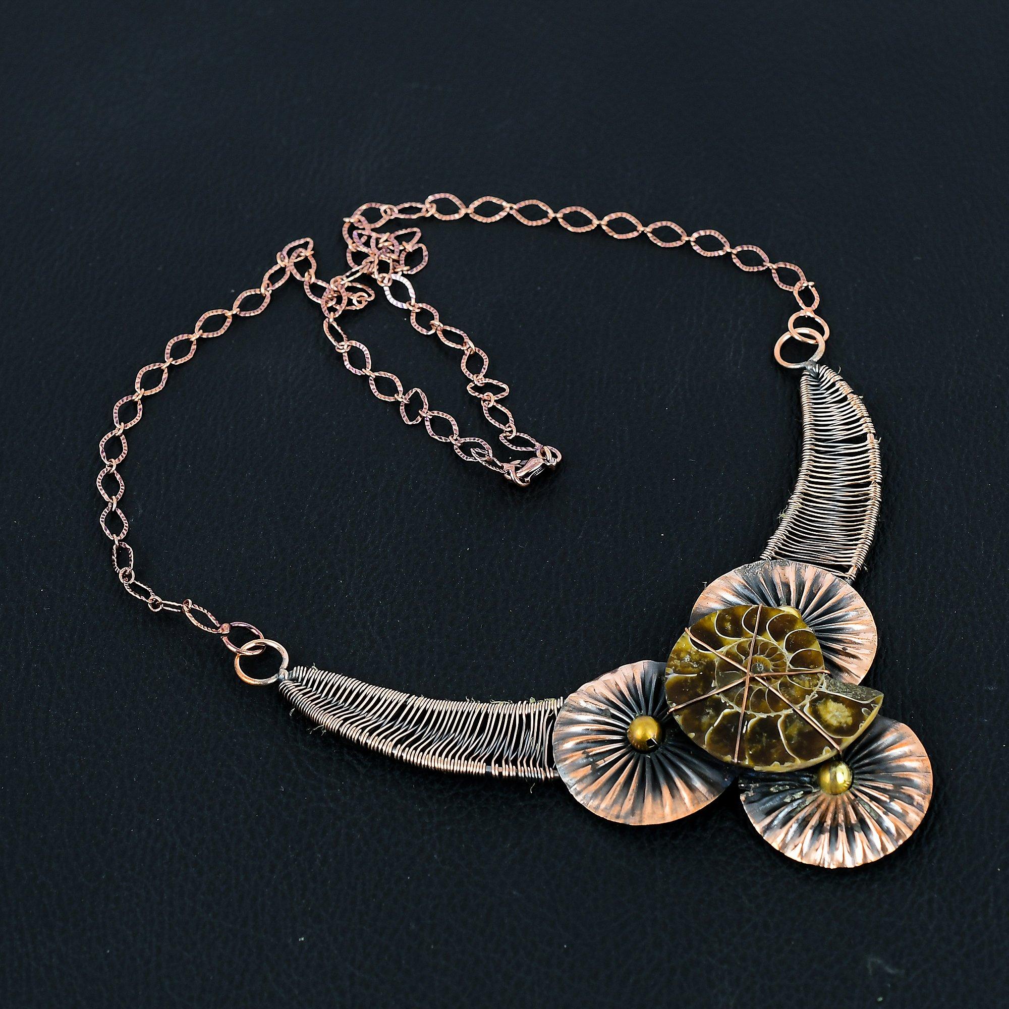 Ископаемый аммонитовый драгоценный камень ручной работы из чистой медной проволоки, ювелирное ожерелье для женщин