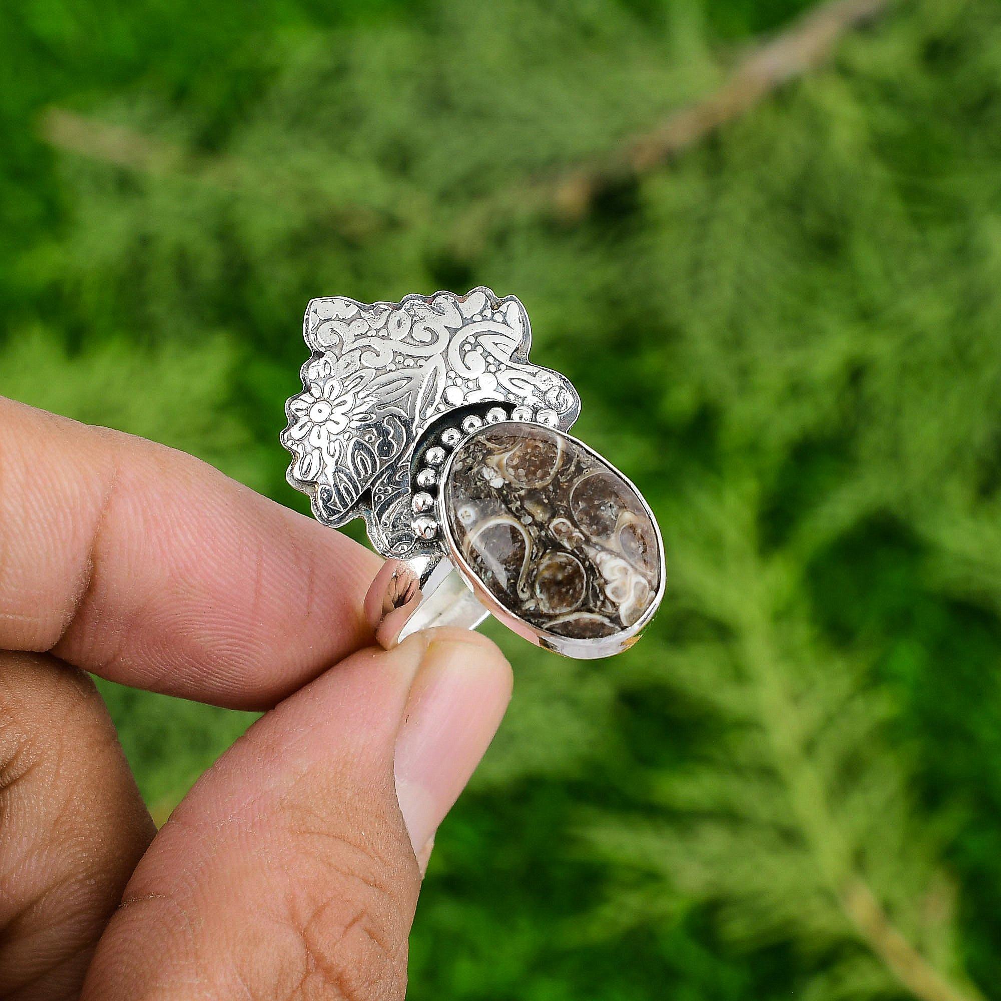 Sterling Silver Turritella Agate Stone Anniversary Statement Bezel Mother Ring