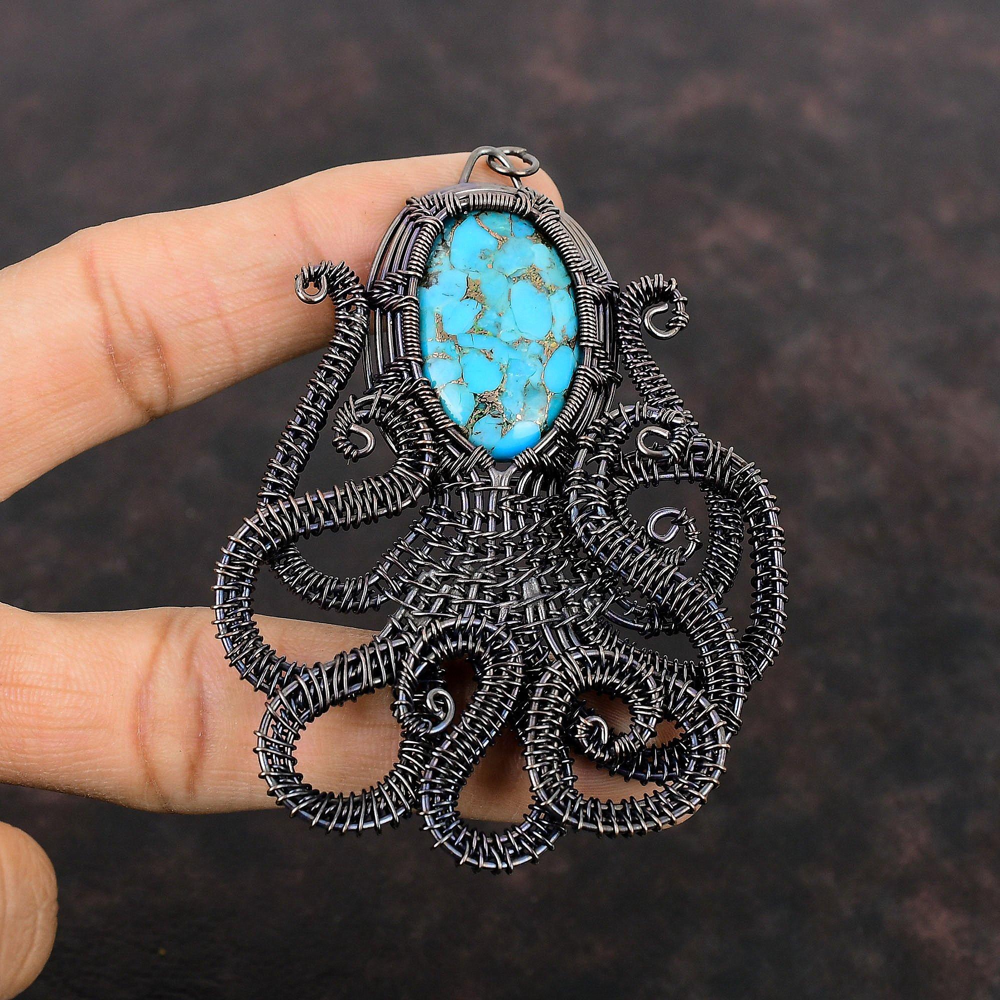 Медный голубой бирюзовый кулон, медная проволока, обернутая кулоном, осьминогом, драгоценным камнем, медные украшения ручной работы, кулон с камнем по дате рождения, подарок для женщин