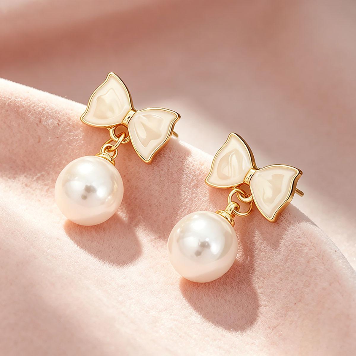 New bowknot imitation pearl ear studs, temperament daily exquisite earrings, women's niche sweet design versatile ear accessories
