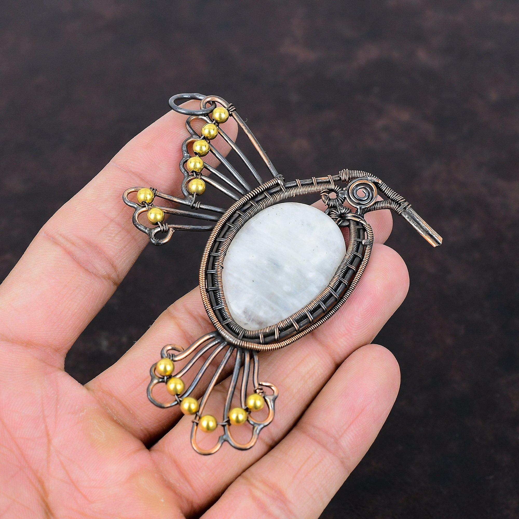 Радужный кулон с лунным камнем, медная проволока, кулон с драгоценным камнем, медные украшения, кулон ручной работы в стиле бохо, ювелирные изделия в виде птиц для подарка, кулон с камнем