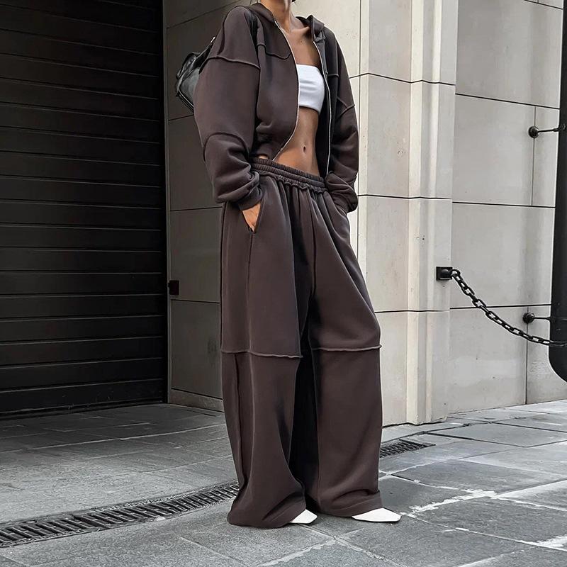 Women Casual Classic Solid Tracksuit Panelled Stripes Sporty Simple Hooded Zip Jacket Loose Wide Leg Pants Two Piece Sets