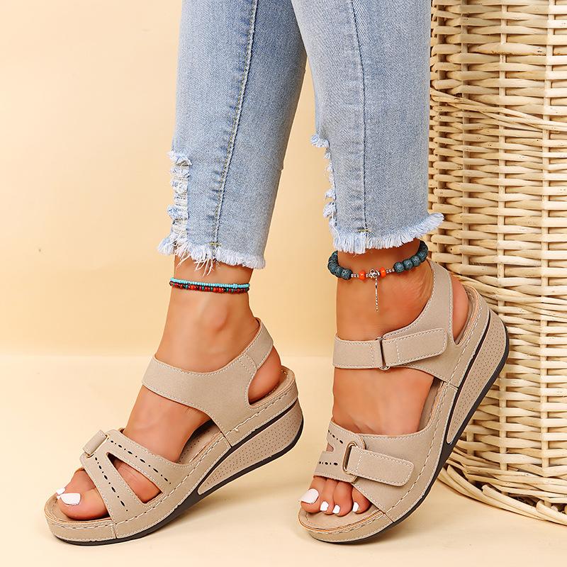 Women's Large Size Fish Mouth Sandals Shoes Casual Outdoor Velcro Slope Heel Sandals 35-43