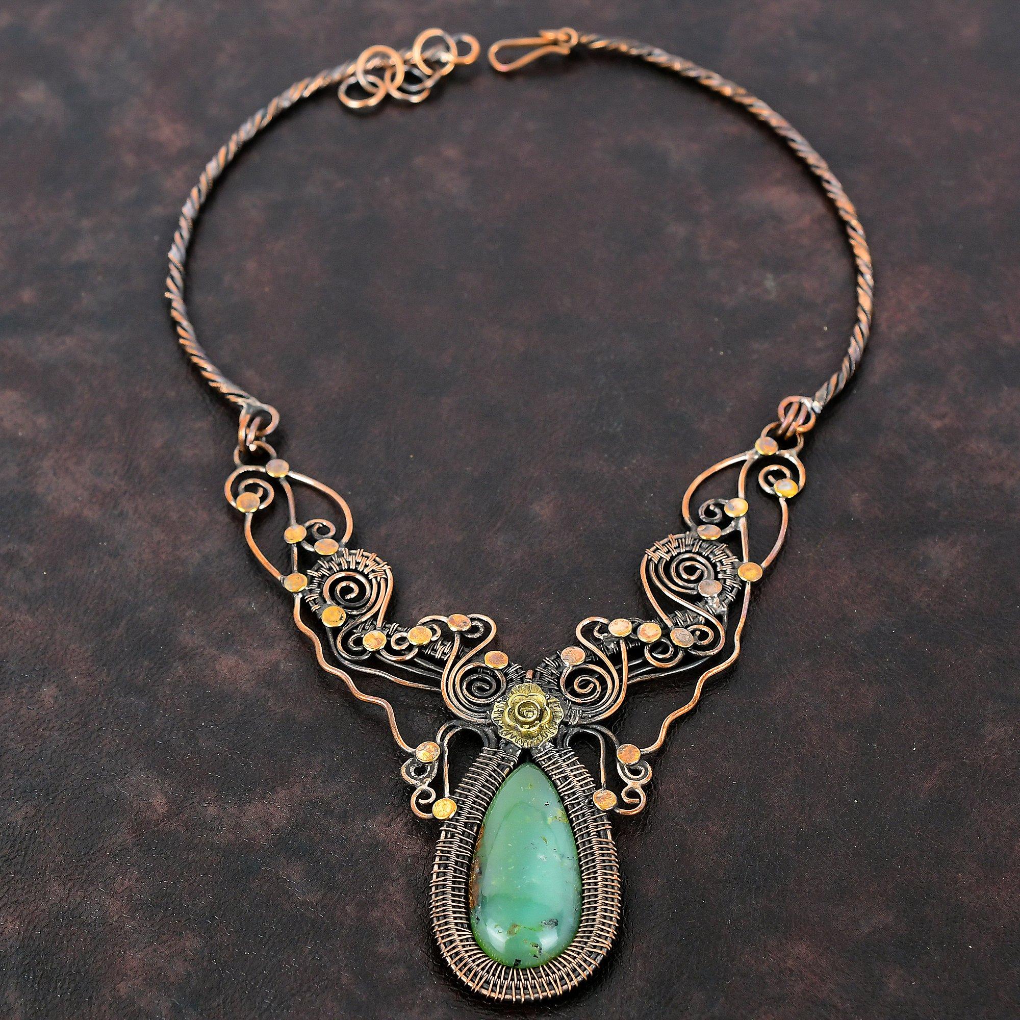 Ожерелье из хризопраза, ожерелье из медной проволоки, регулируемое ожерелье, ювелирные изделия из меди ручной работы, ожерелье из драгоценных камней для подарка, ювелирные изделия из проволоки