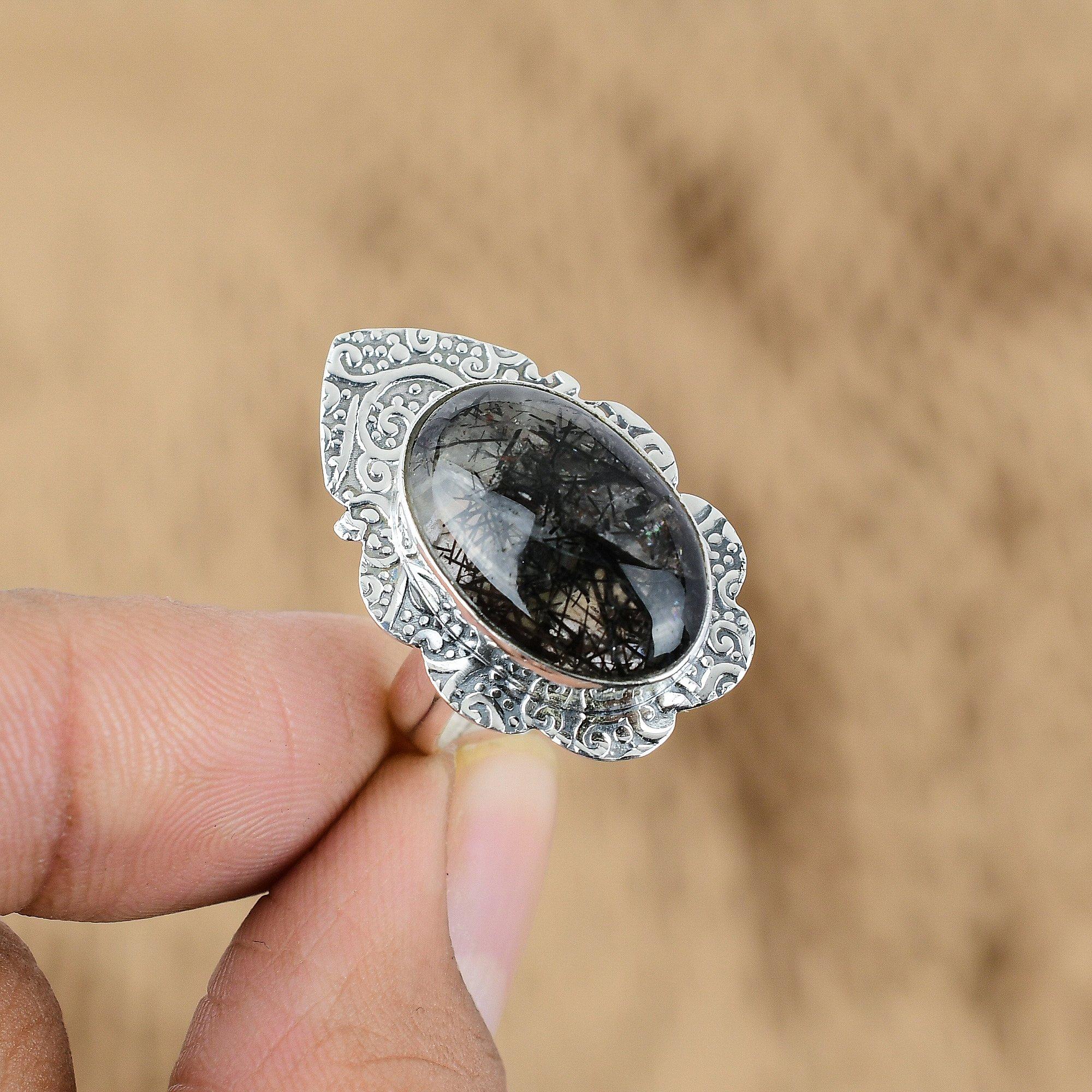 Mothers Day Deal Sterling Silver Oval Black Rutile Stone Promise Ring Jewelry