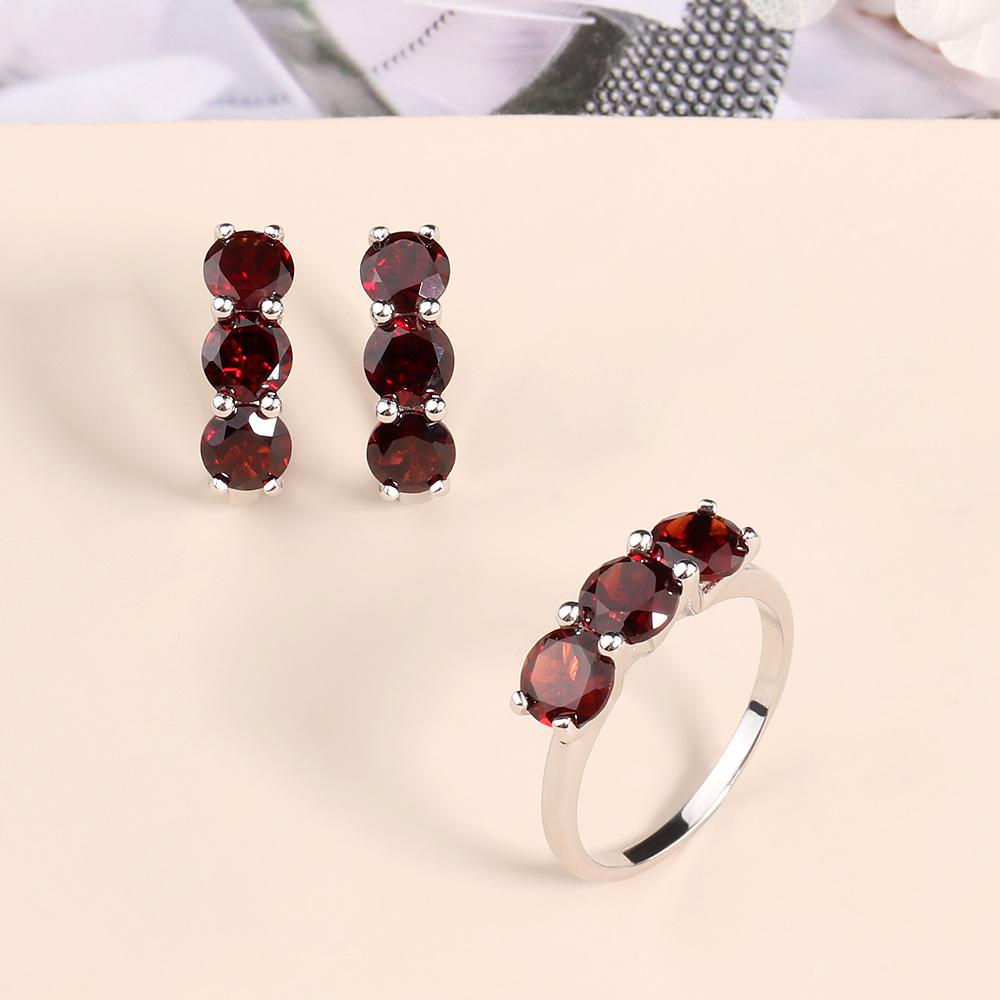 Bolaijewelry Simple Design Natural Garnet Ring Earrings Jewelry Set 925 Sterling Silver Fashion Women's Fine Jewelry