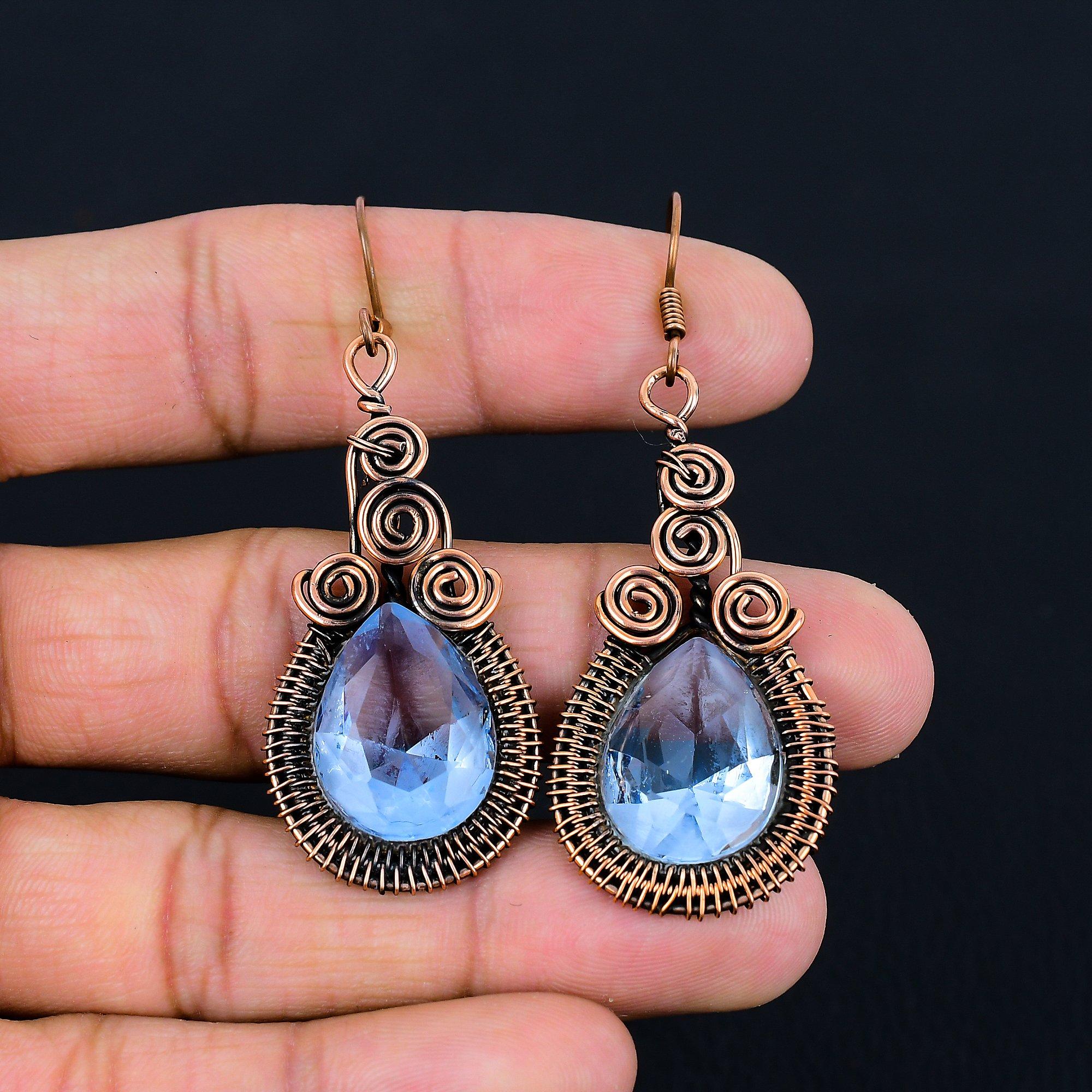 Beautiful Tanzanite Gemstone Handmade Pure Copper Wire Wrapped Earrings Jewelry