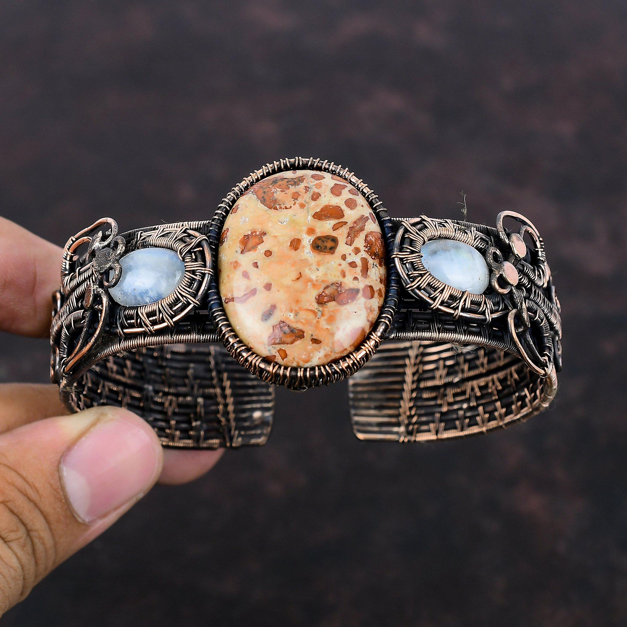 Браслет-манжета из яшмы-астероида, медный браслет-манжета с обмоткой из проволоки, браслет-манжета с драгоценным камнем, регулируемый браслет-манжета, браслет из радужного лунного камня, дизайнерский браслет ручной работы