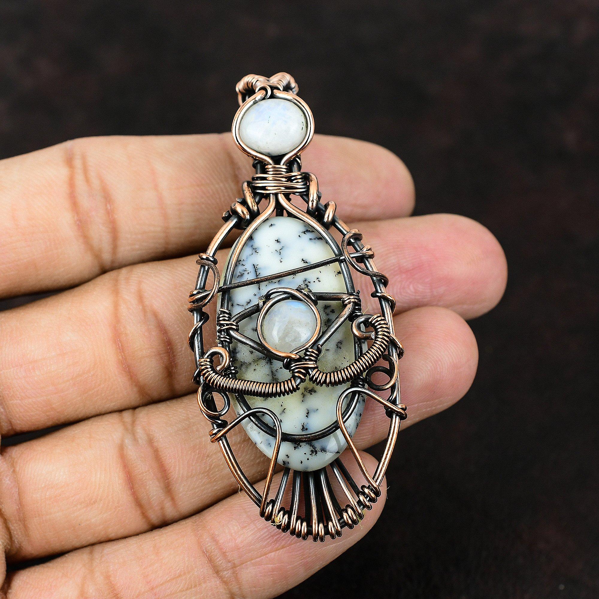 Дурной глаз дендрит опал драгоценный камень медная проволока обернутая подвеска медные украшения ручной работы подвеска радужный лунный камень дурной глаз ювелирные изделия подарок для него