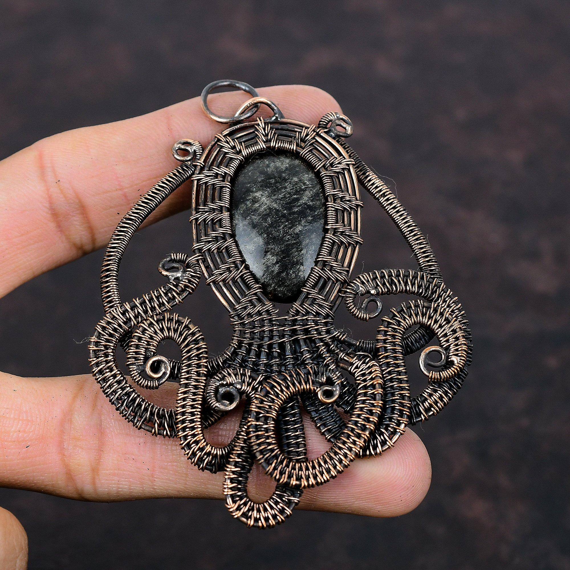 Silver Sheen Obsidian Pendant Copper Wire Wrapped Pendant Handmade Jewelry Gemstone Pendant Copper Wire Jewelry Octopus Pendant Gift For Him