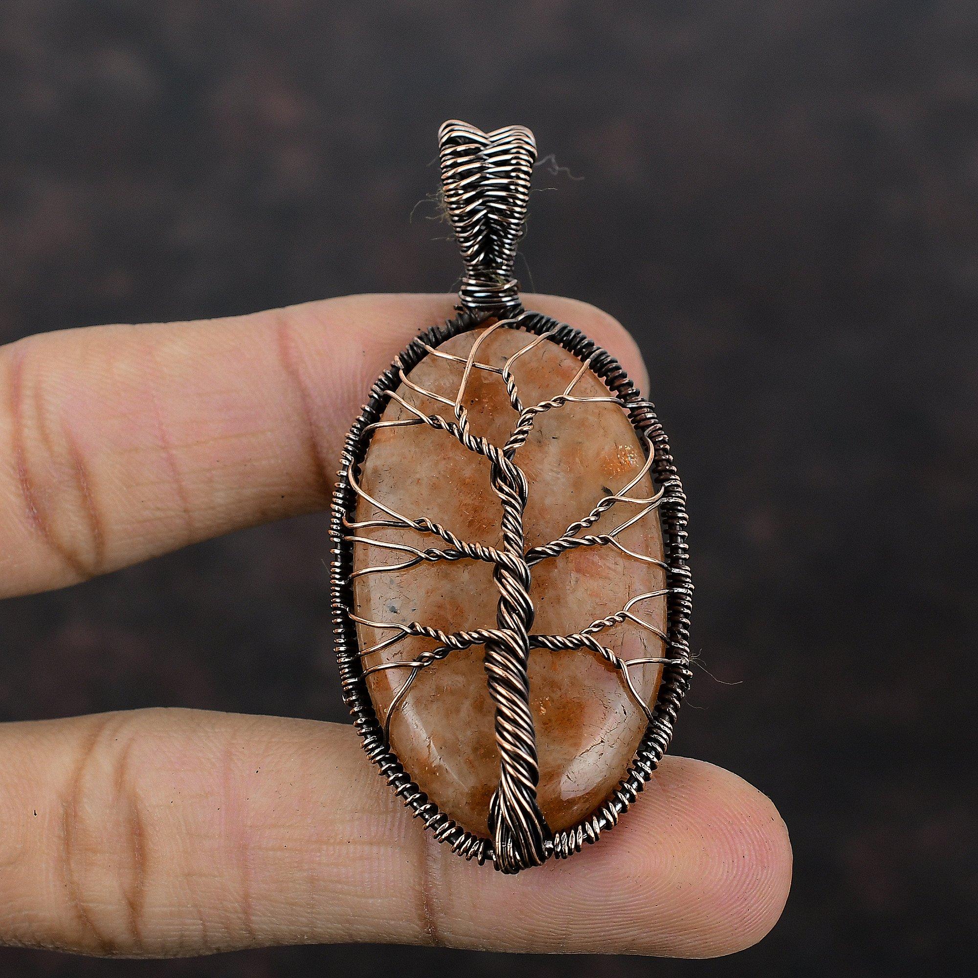 Древо жизни Солнечный камень Медный кулон Медная проволока обернутый кулон Самодельный драгоценный камень Медные украшения для подарка Натуральные солнечные камни Ювелирные изделия